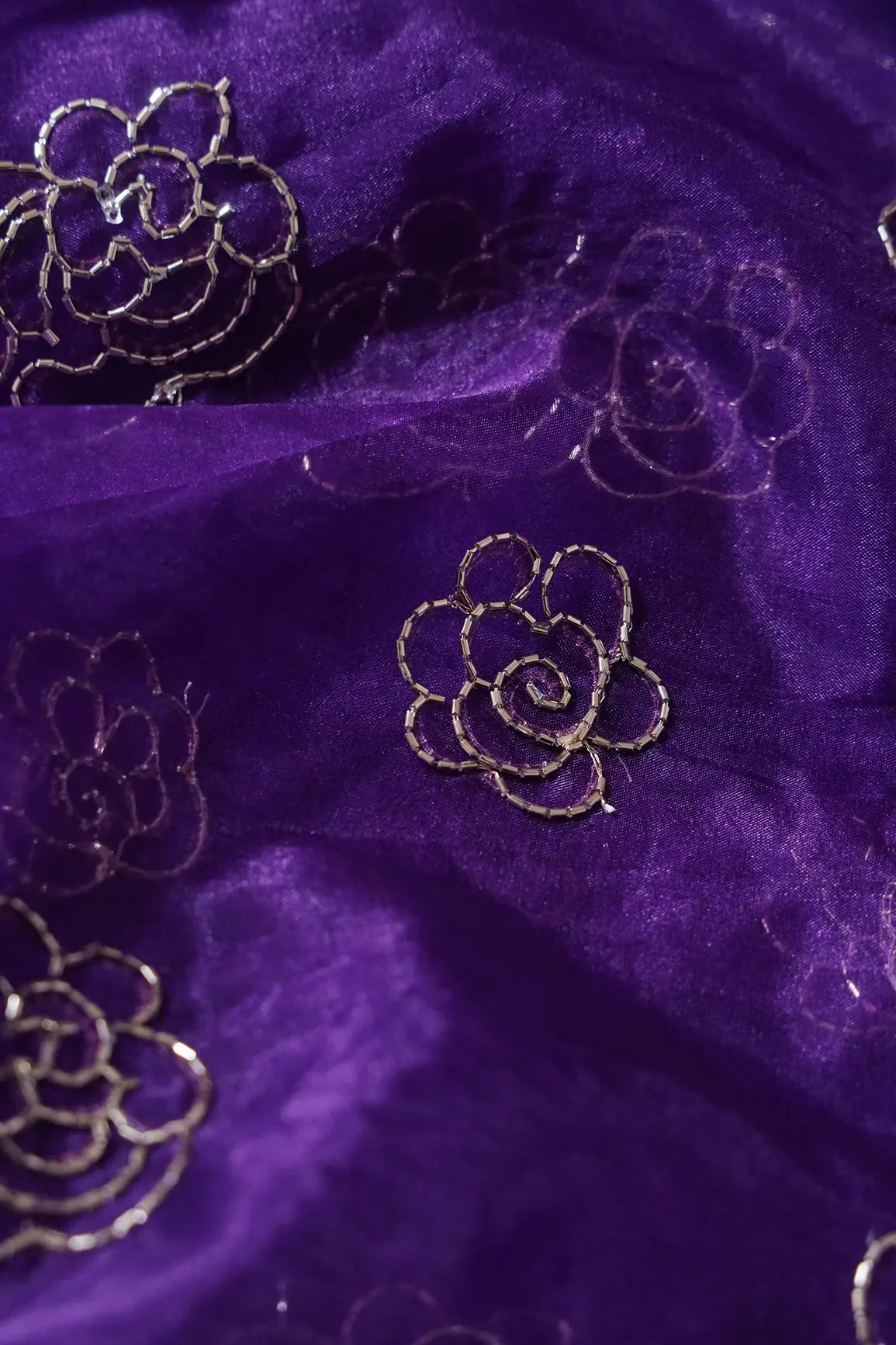 Cut Dana Beads Beautiful Floral Embroidery On Purple Organza Fabric