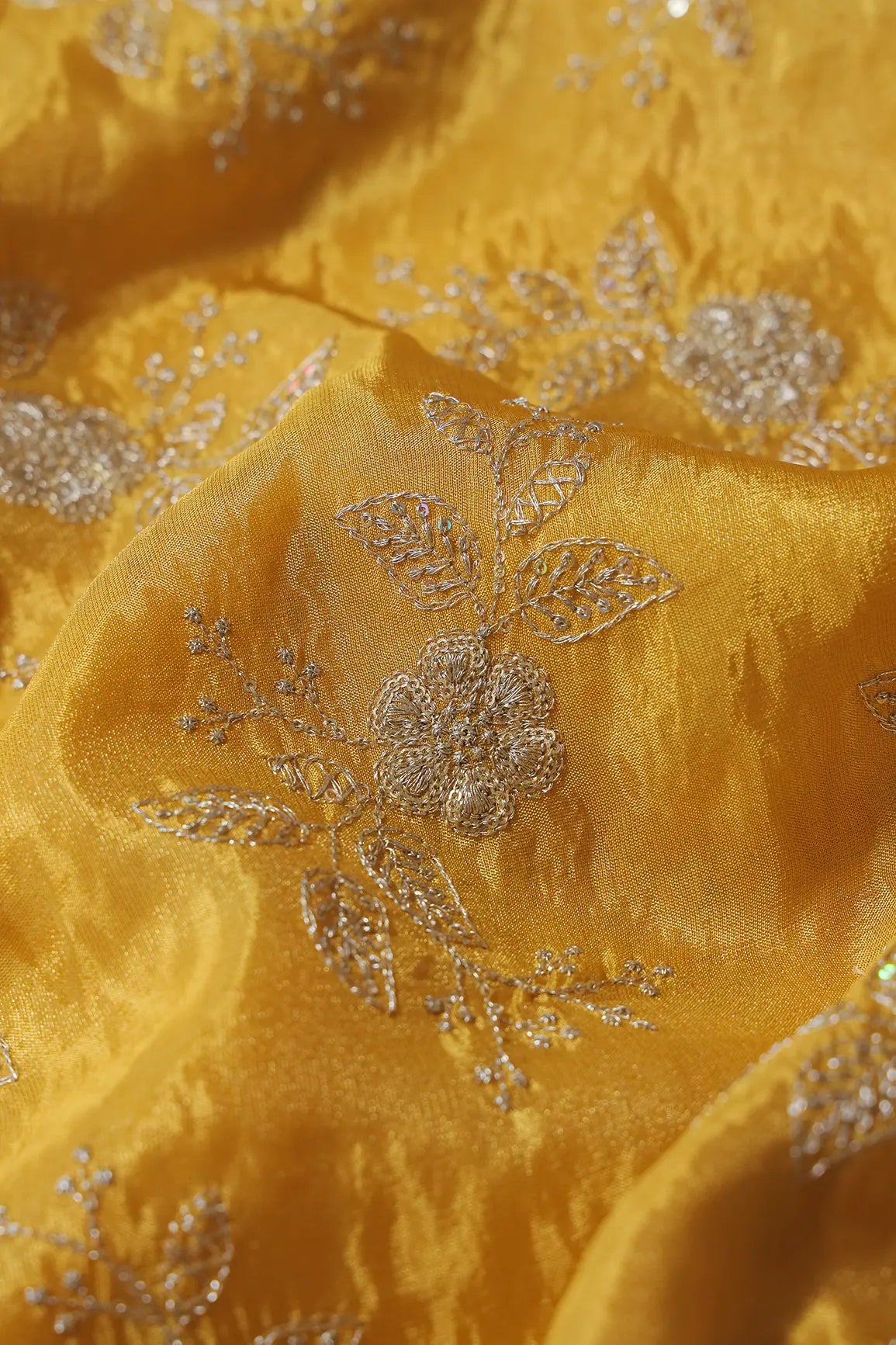 Gold Sequins And Zari Floral Embroidery Work On Yellow Pure Viscose Zari Tissue Fabric