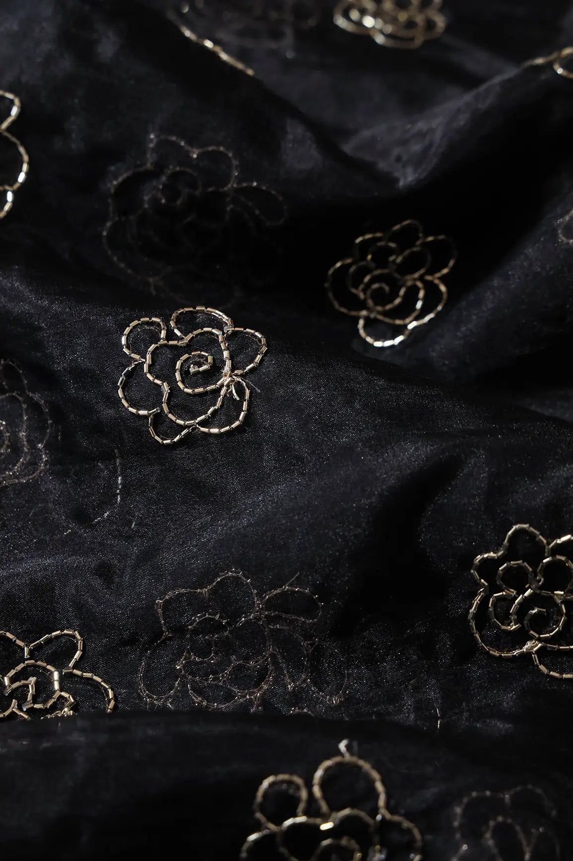 Cut Dana Beads Beautiful Floral Embroidery On Black Organza Fabric