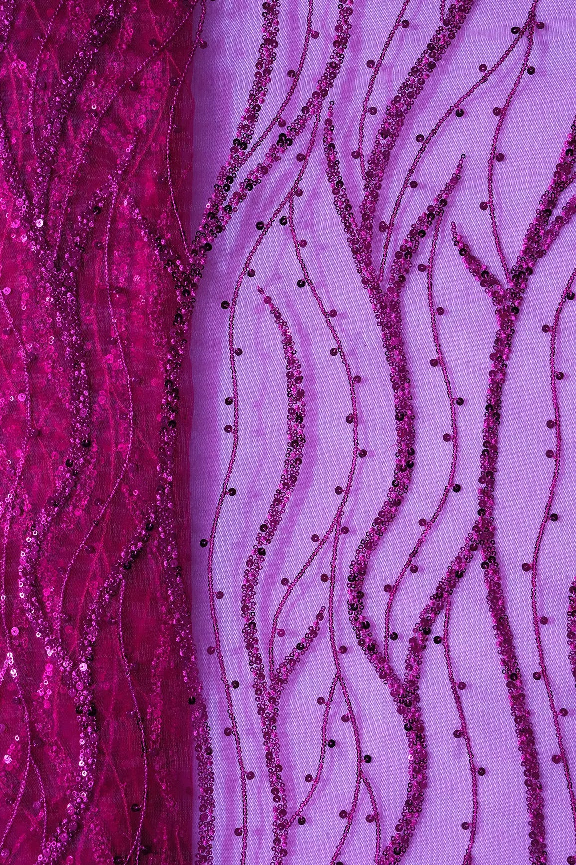 Beautiful Sequins With Fuchsia Thread Wavy Embroidery Work On Fuchsia Soft Net Fabric