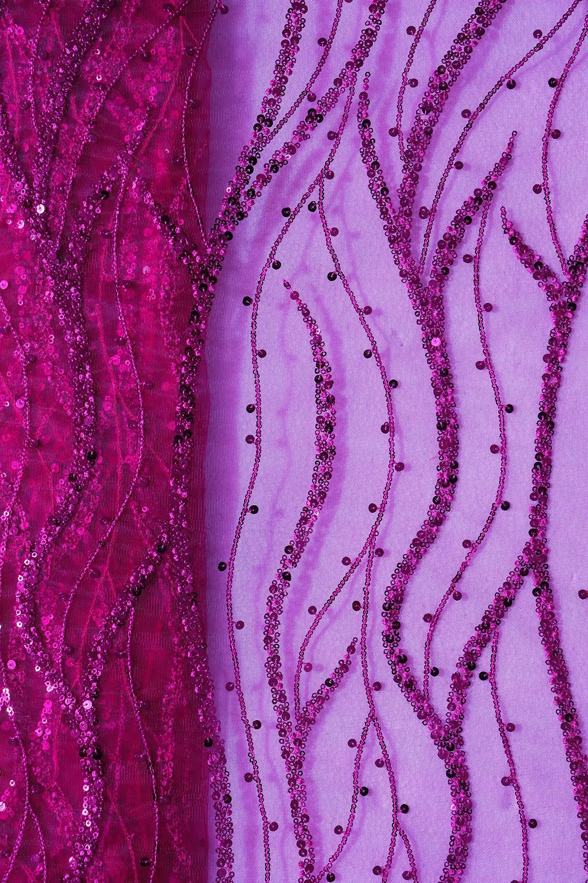 Beautiful Sequins With Fuchsia Thread Wavy Embroidery Work On Fuchsia Soft Net Fabric