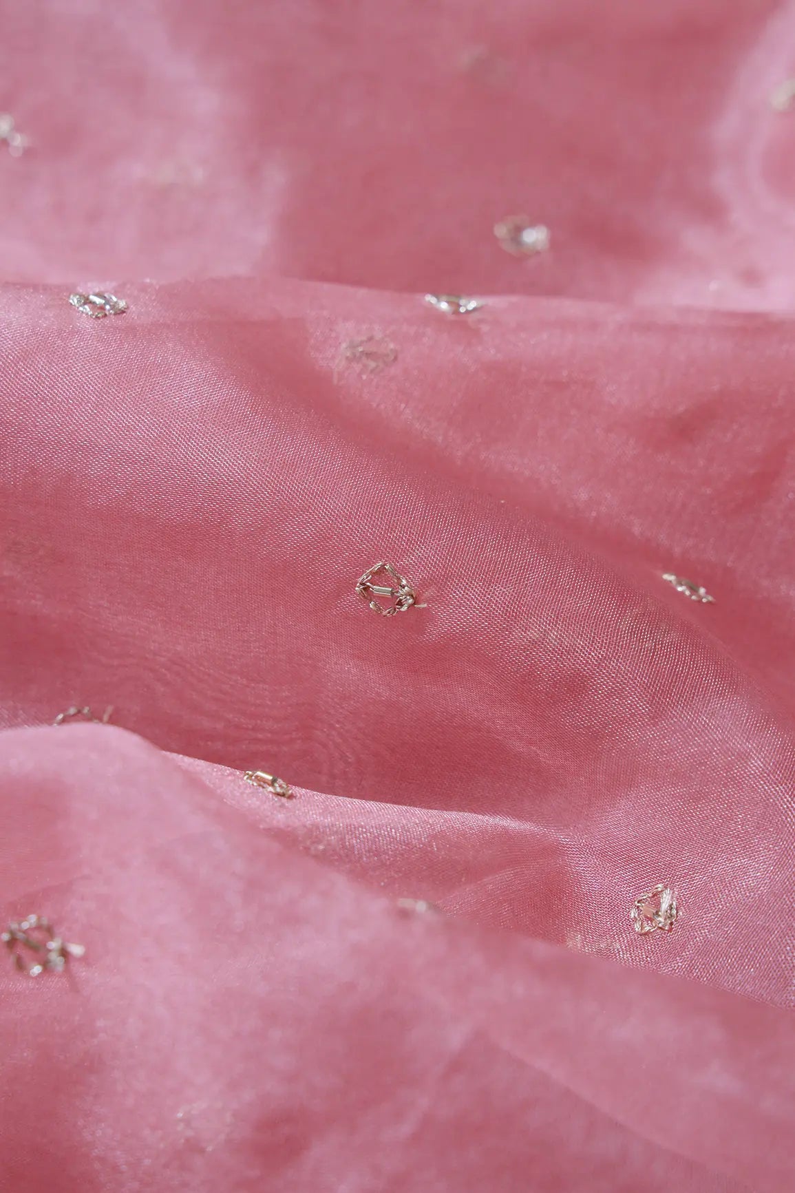 Cut Dana Beads With Zari Small Motif Embroidery On Gajri Pink Organza Fabric