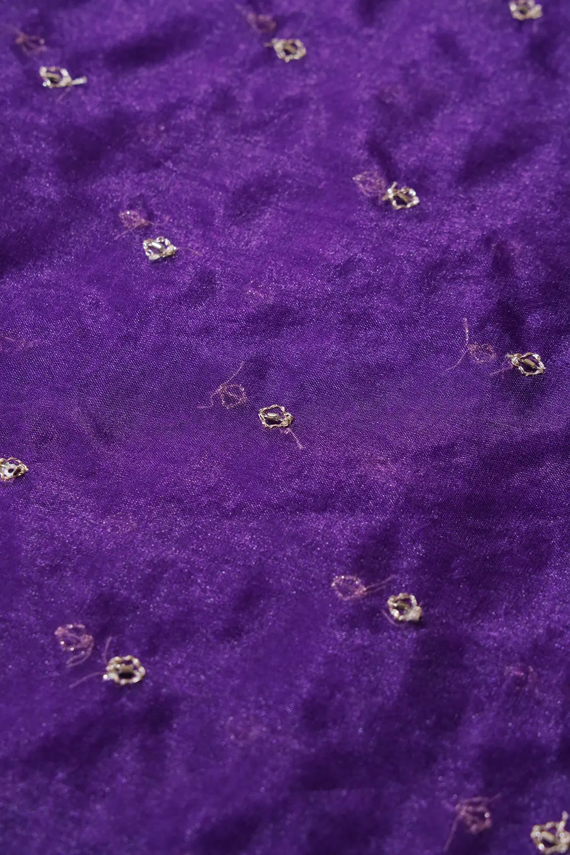 Cut Dana Beads With Zari Small Motif Embroidery On Purple Organza Fabric