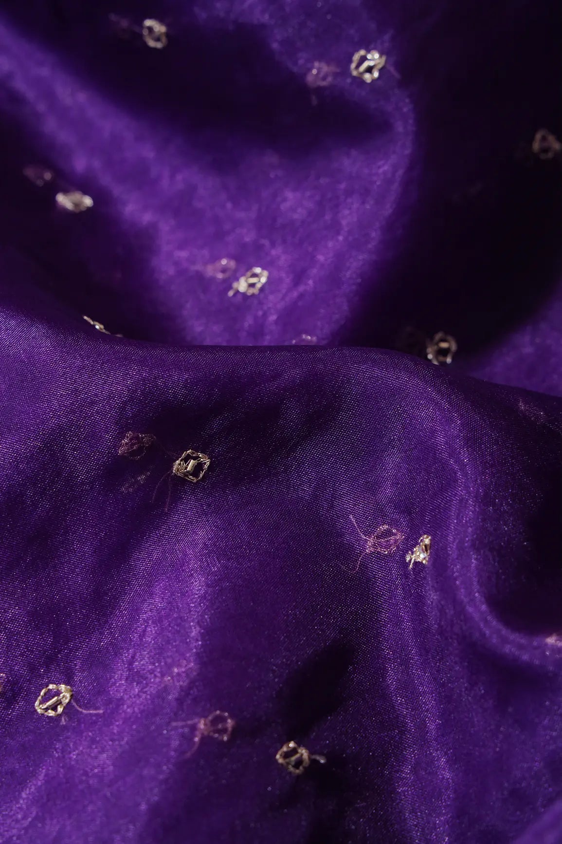 Cut Dana Beads With Zari Small Motif Embroidery On Purple Organza Fabric