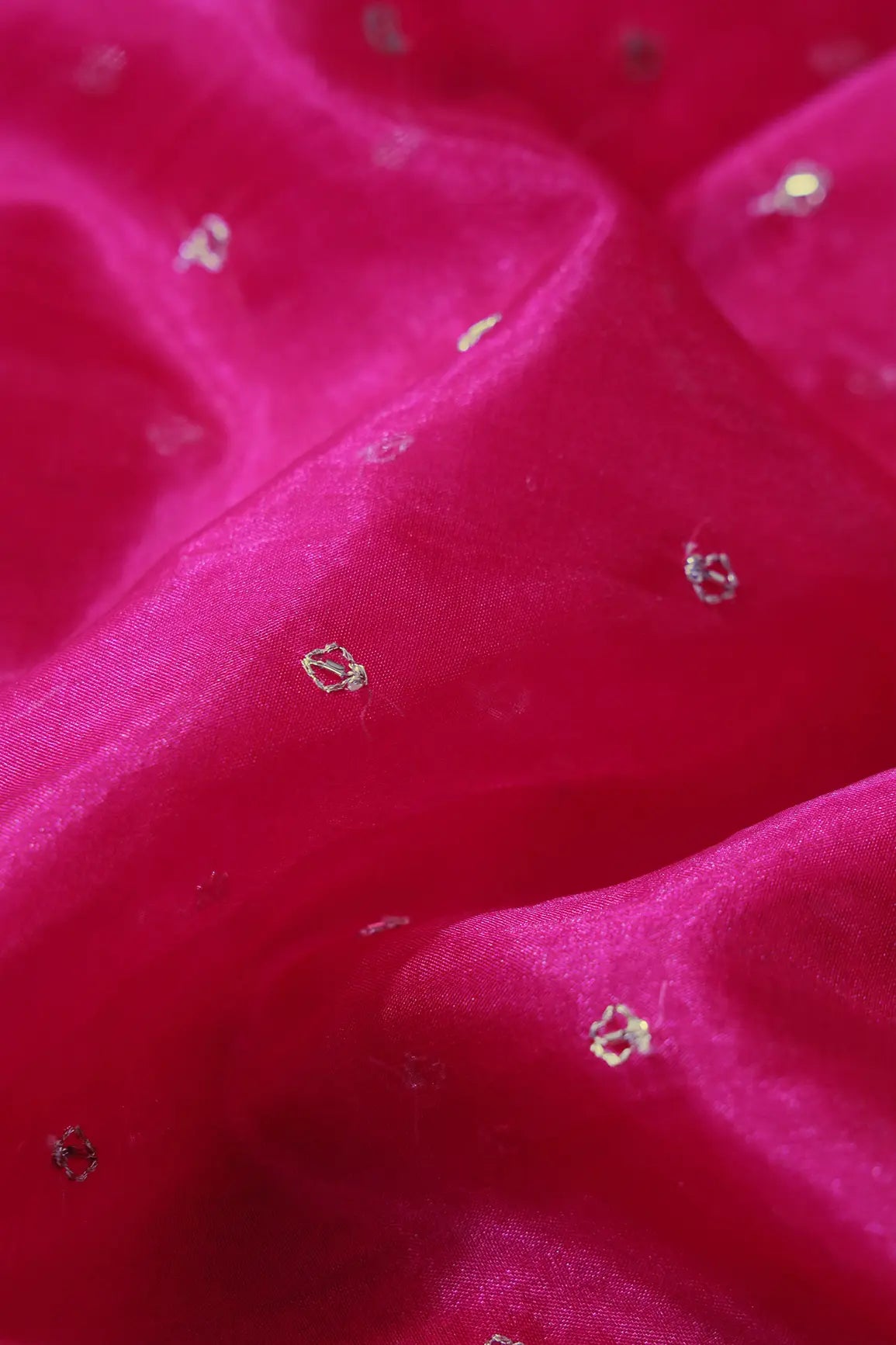 Cut Dana Beads With Zari Small Motif Embroidery On Fuchsia Organza Fabric