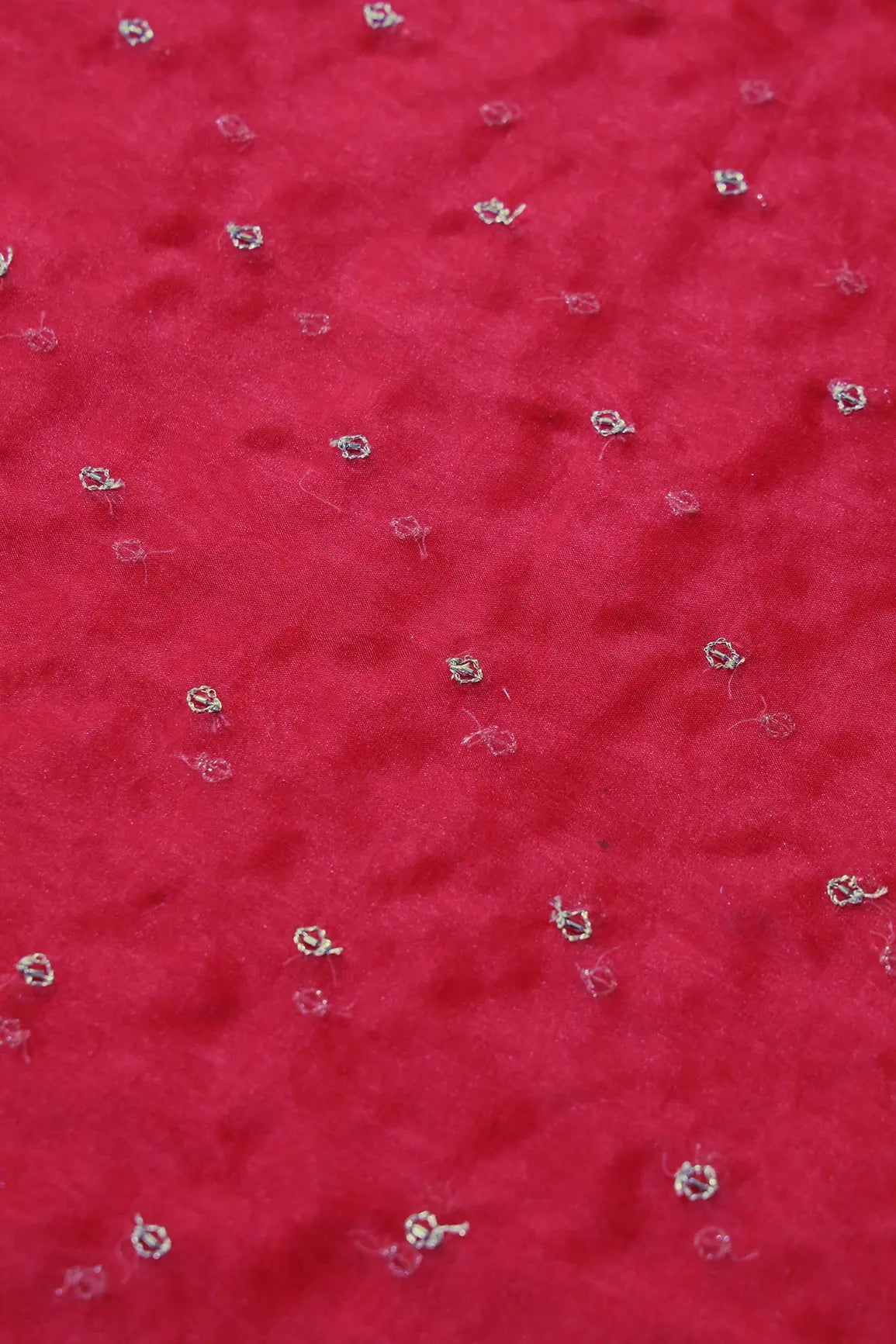 Cut Dana Beads With Zari Small Motif Embroidery On Red Organza Fabric