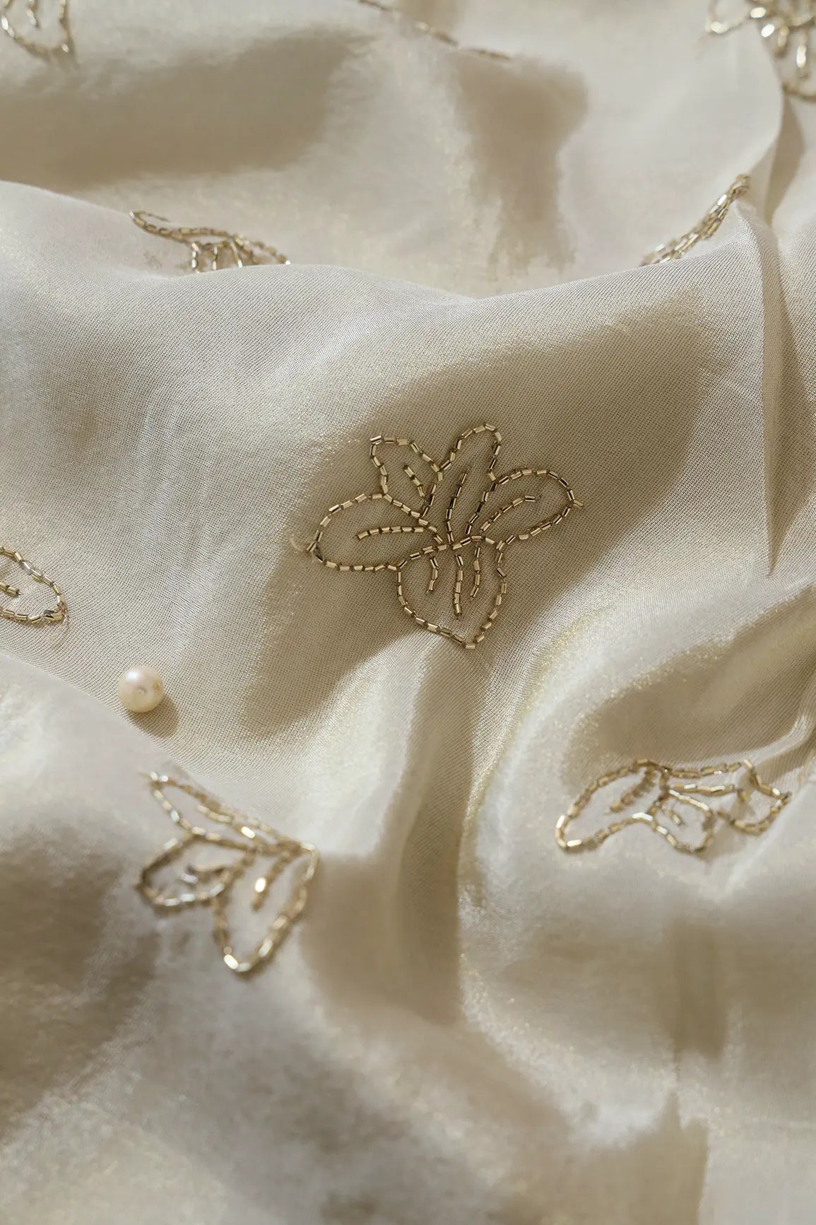 Beautiful Cut Dana Beads Floral Embroidery Work Dyeable Pure Viscose Zari Tissue Fabric