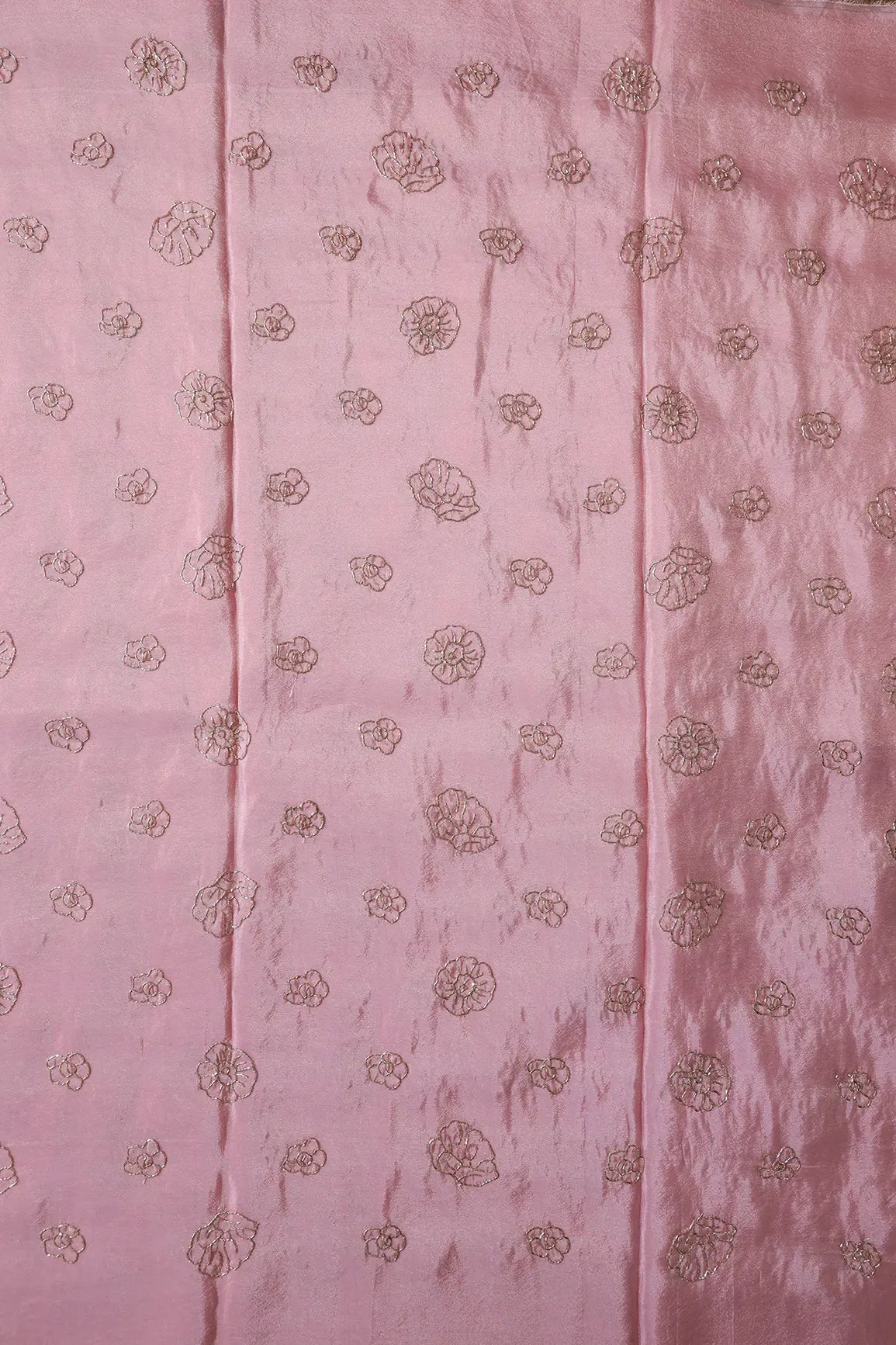 Cut Dana Beads Floral Embroidery Work On Pink Pure Viscose Zari Tissue Fabric