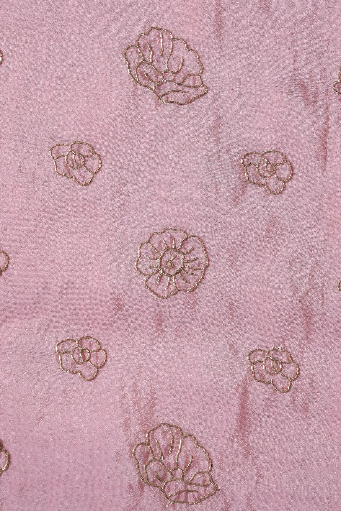 Cut Dana Beads Floral Embroidery Work On Pink Pure Viscose Zari Tissue Fabric