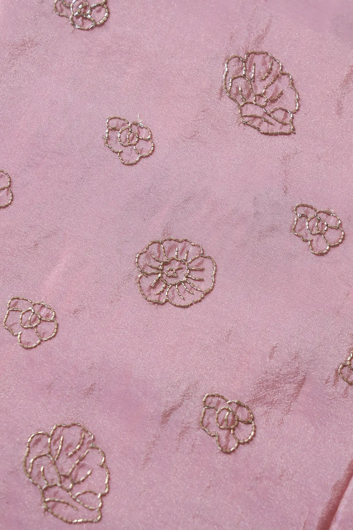 Cut Dana Beads Floral Embroidery Work On Pink Pure Viscose Zari Tissue Fabric