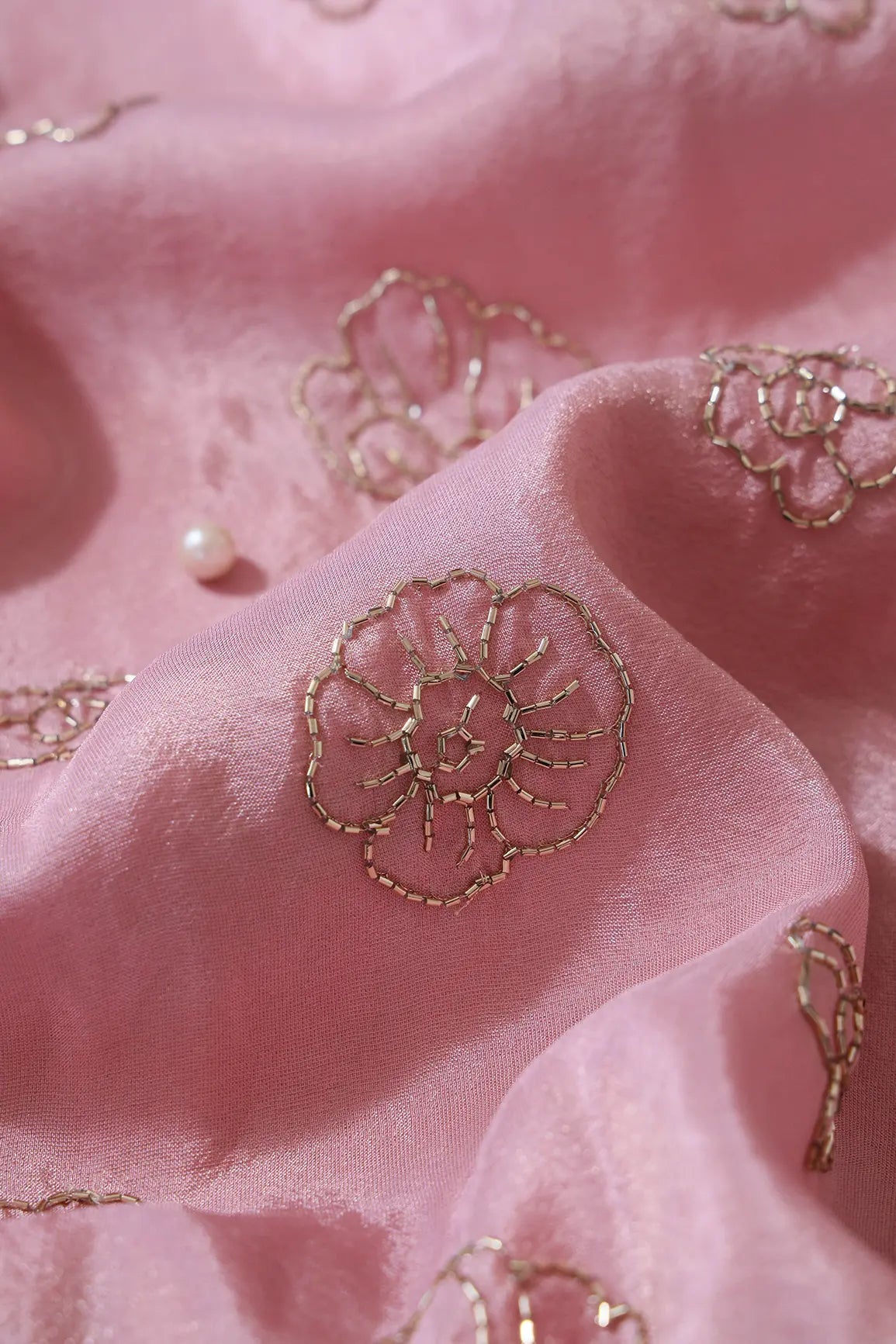 Cut Dana Beads Floral Embroidery Work On Pink Pure Viscose Zari Tissue Fabric