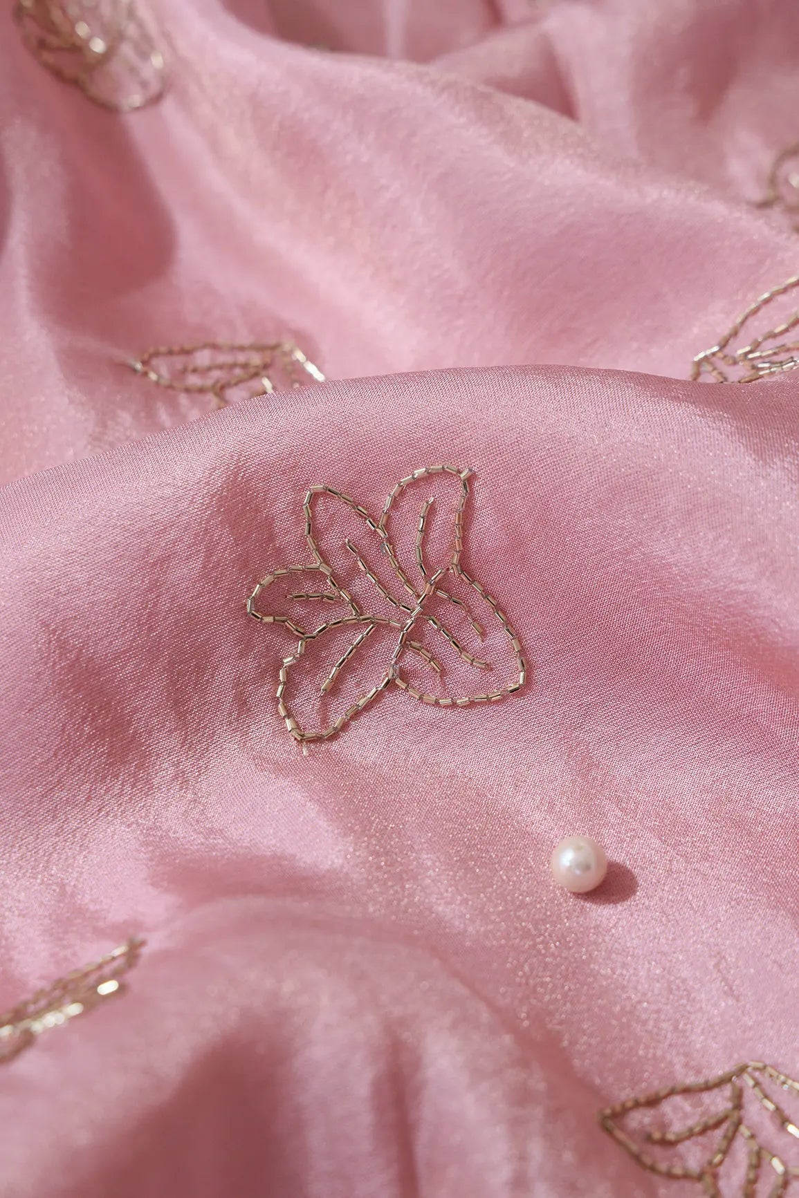 Beautiful Cut Dana Beads Floral Embroidery Work On Pink Pure Viscose Zari Tissue Fabric