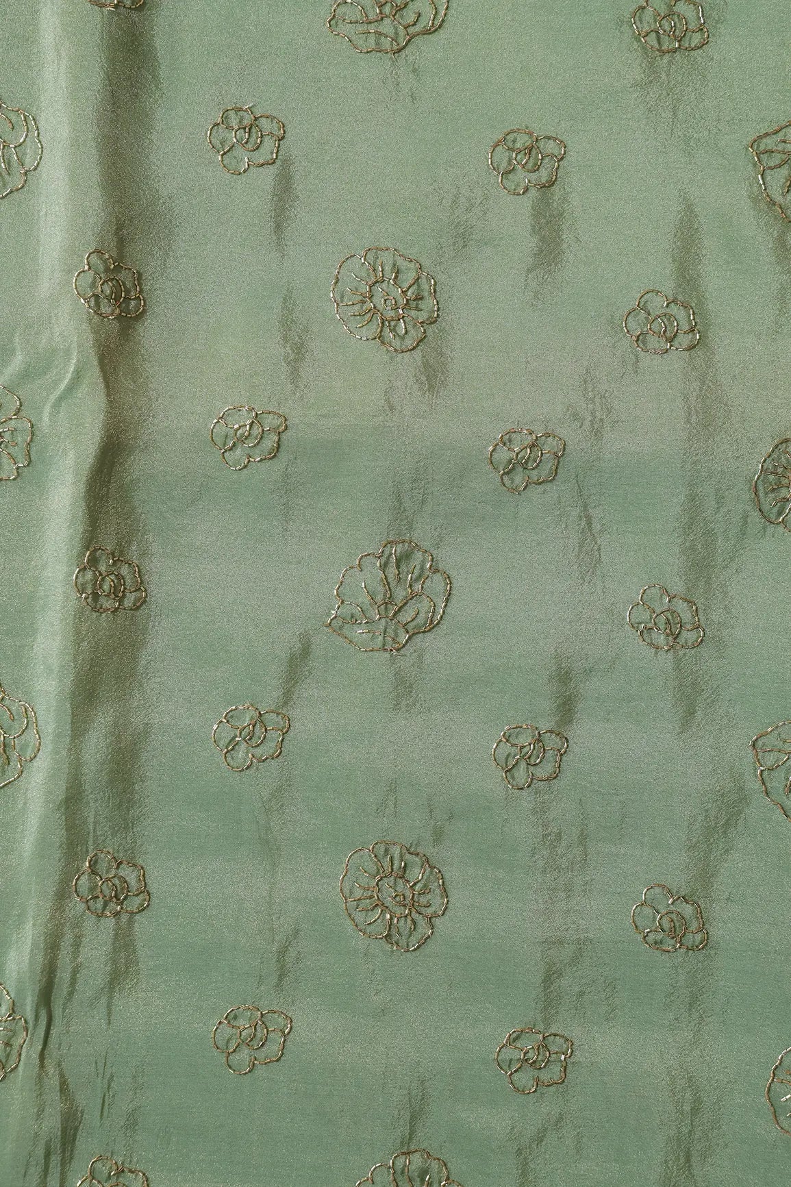 Cut Dana Beads Floral Embroidery Work On Olive Pure Viscose Zari Tissue Fabric