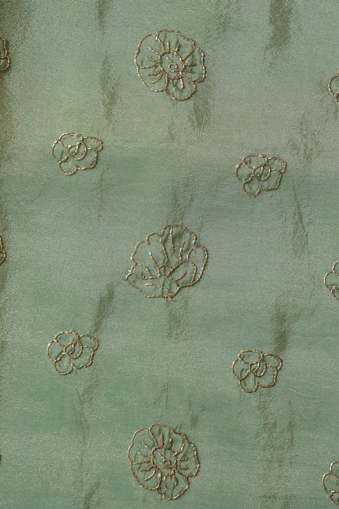 Cut Dana Beads Floral Embroidery Work On Olive Pure Viscose Zari Tissue Fabric