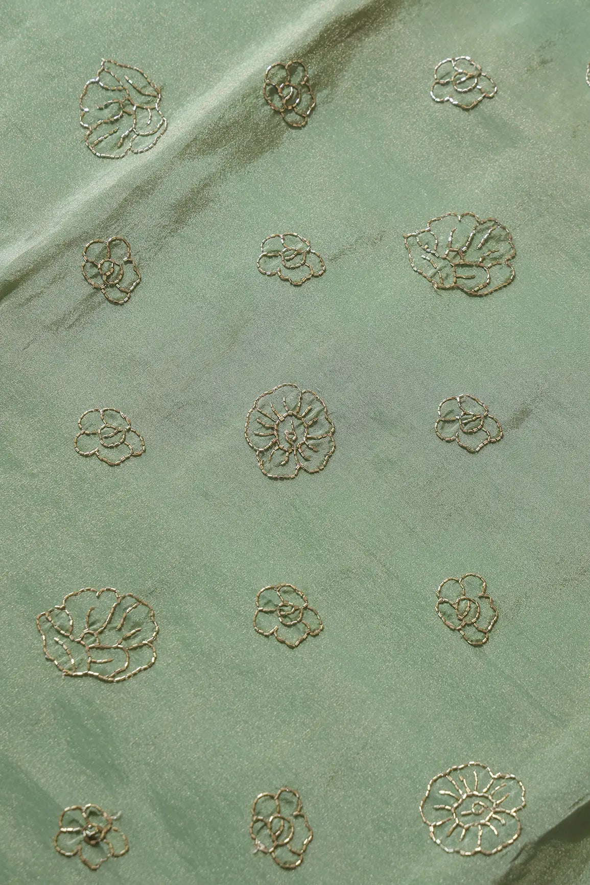 Cut Dana Beads Floral Embroidery Work On Olive Pure Viscose Zari Tissue Fabric