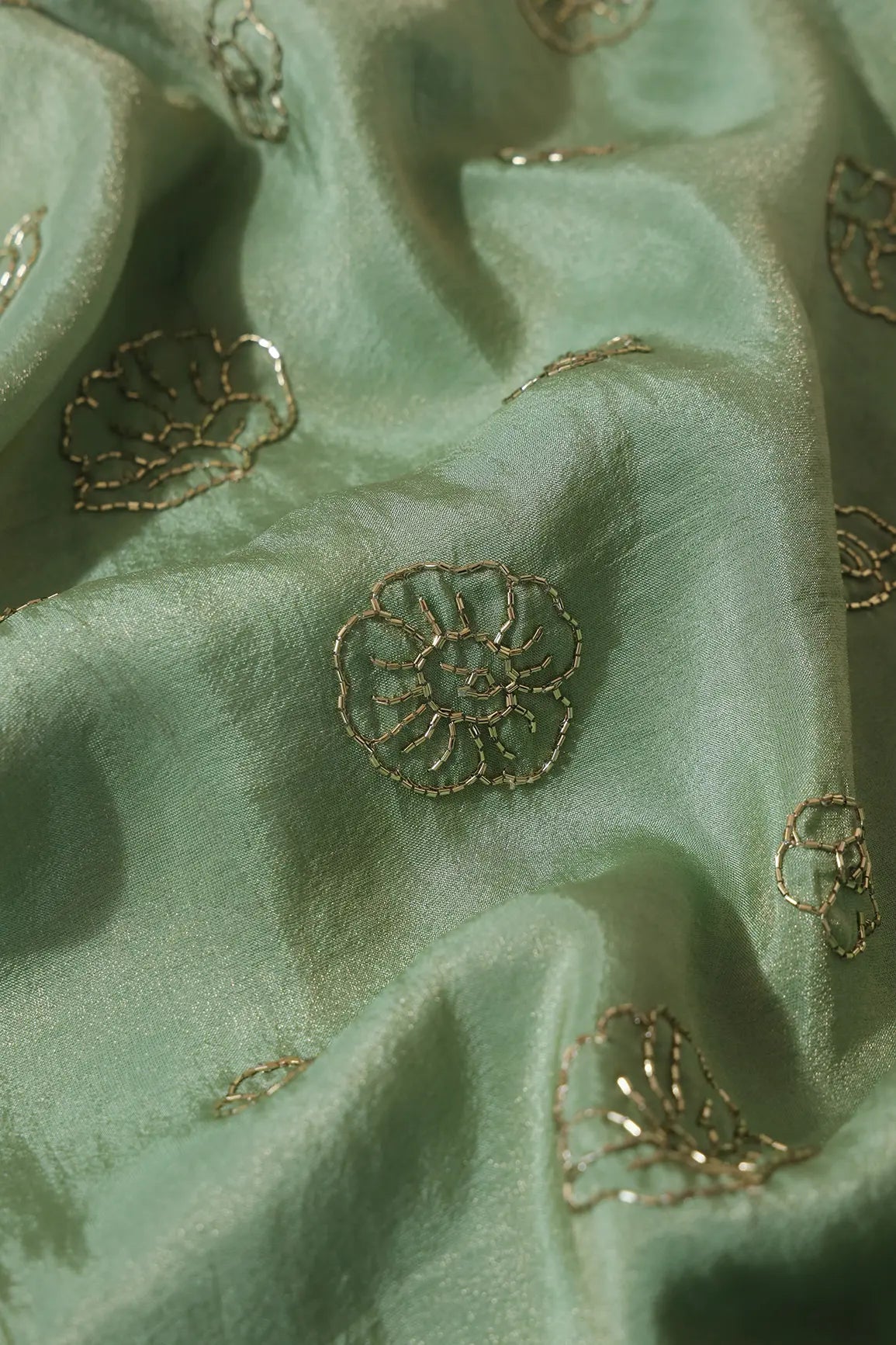 Cut Dana Beads Floral Embroidery Work On Olive Pure Viscose Zari Tissue Fabric