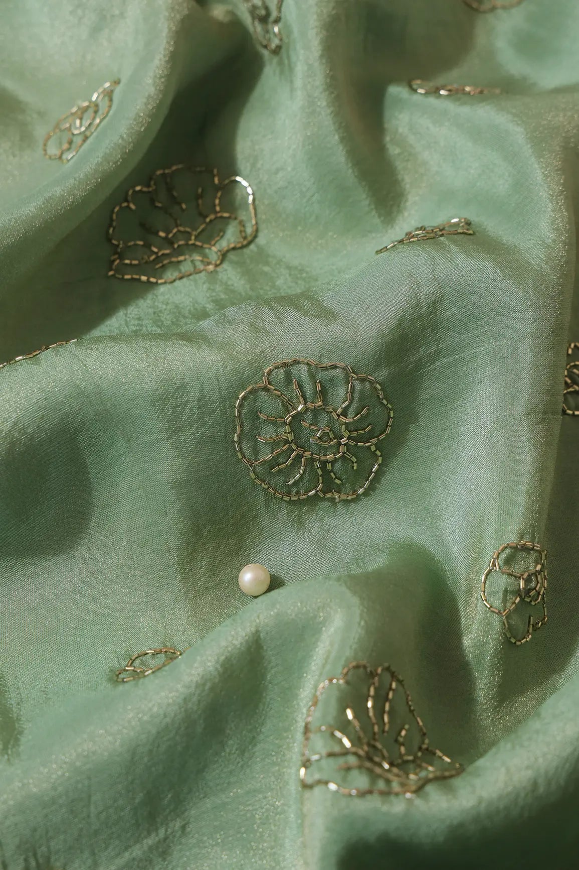 Cut Dana Beads Floral Embroidery Work On Olive Pure Viscose Zari Tissue Fabric