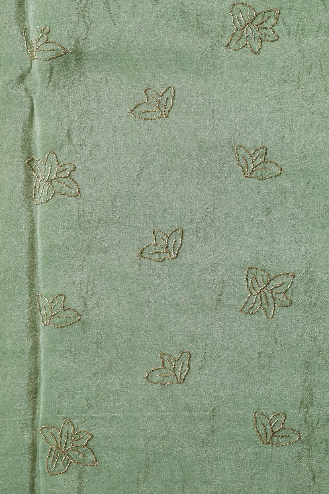 Beautiful Cut Dana Beads Floral Embroidery Work On Olive Pure Viscose Zari Tissue Fabric