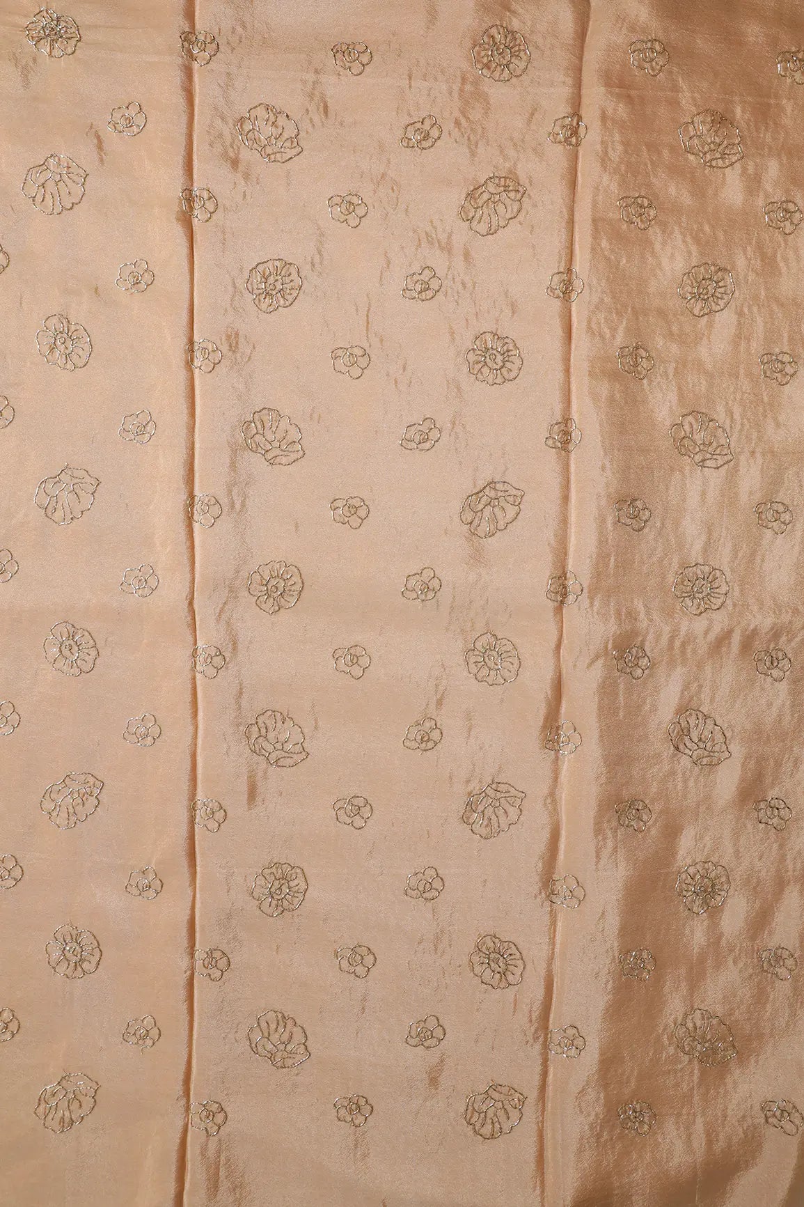 Cut Dana Beads Floral Embroidery Work On Beige Pure Viscose Zari Tissue Fabric