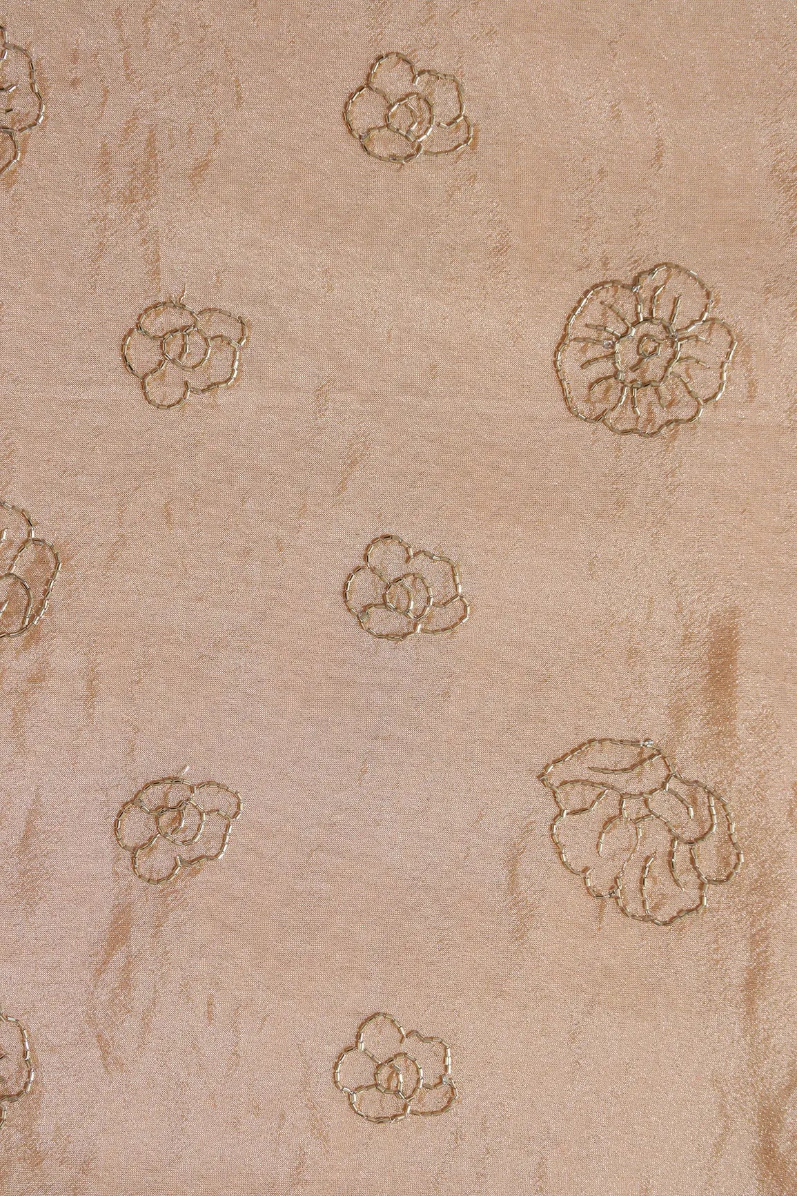 Cut Dana Beads Floral Embroidery Work On Beige Pure Viscose Zari Tissue Fabric