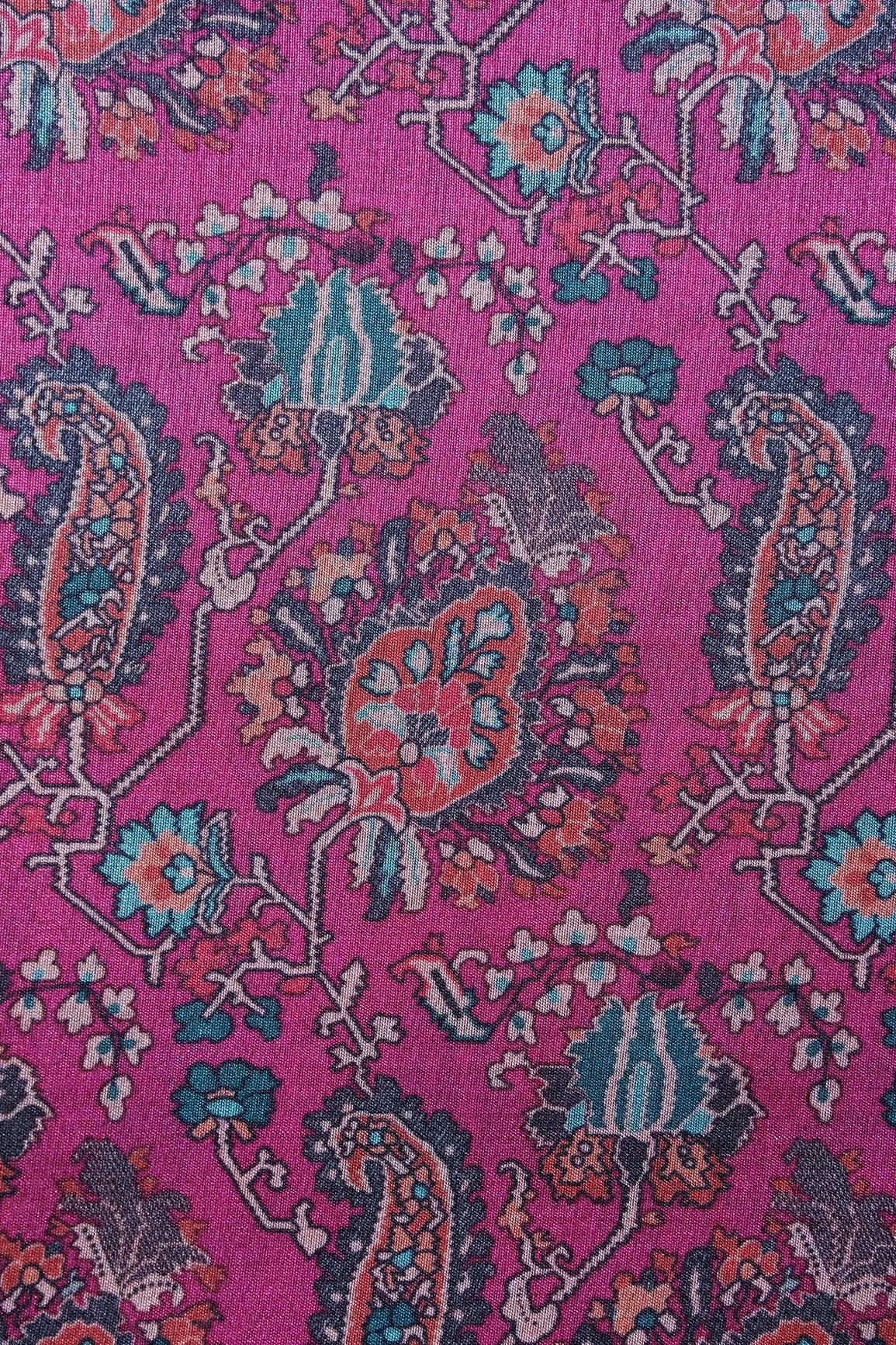 Green And Fuchsia Traditional Pattern Digital Print On Mulberry Silk Fabric