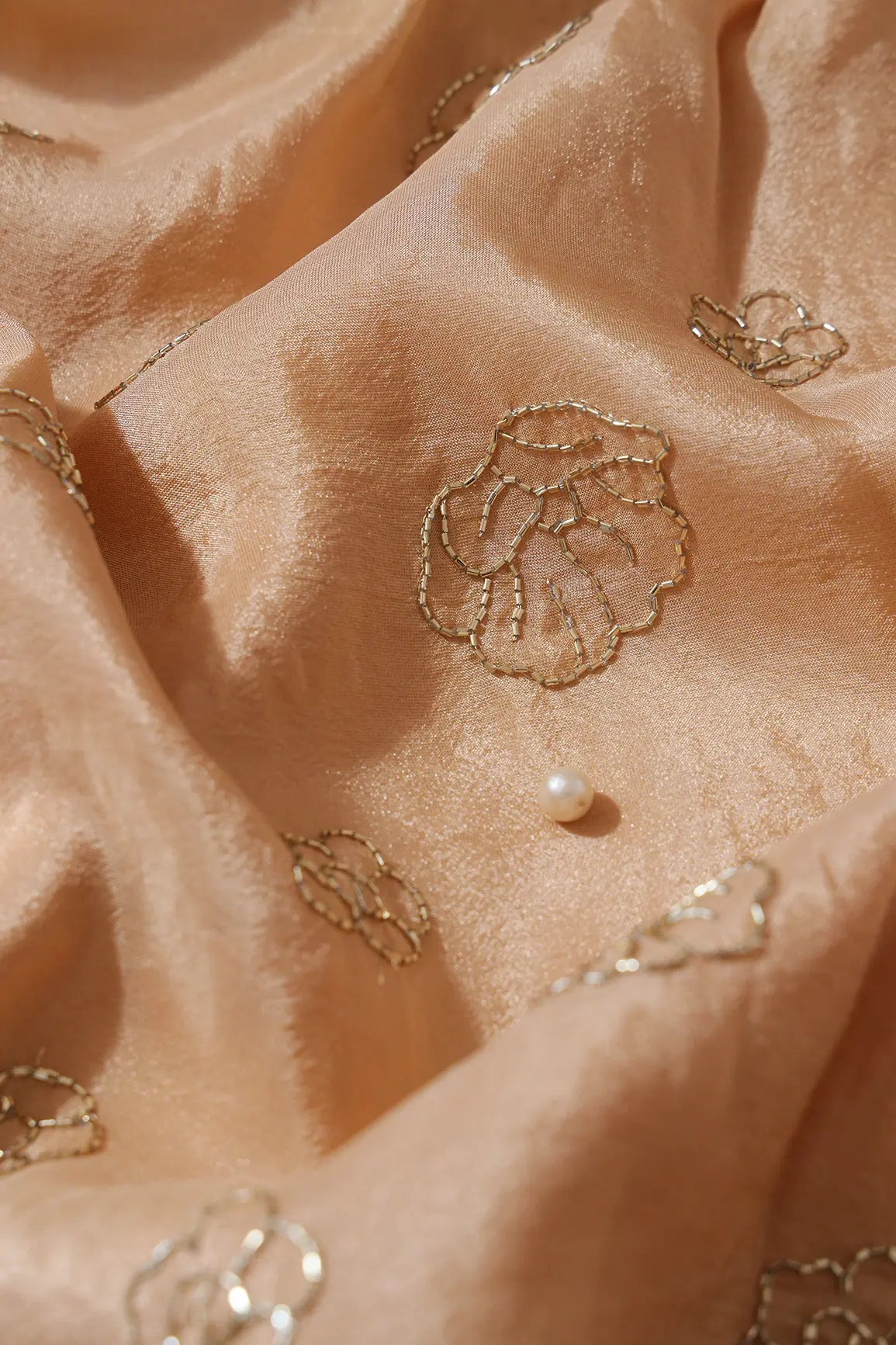 Cut Dana Beads Floral Embroidery Work On Beige Pure Viscose Zari Tissue Fabric