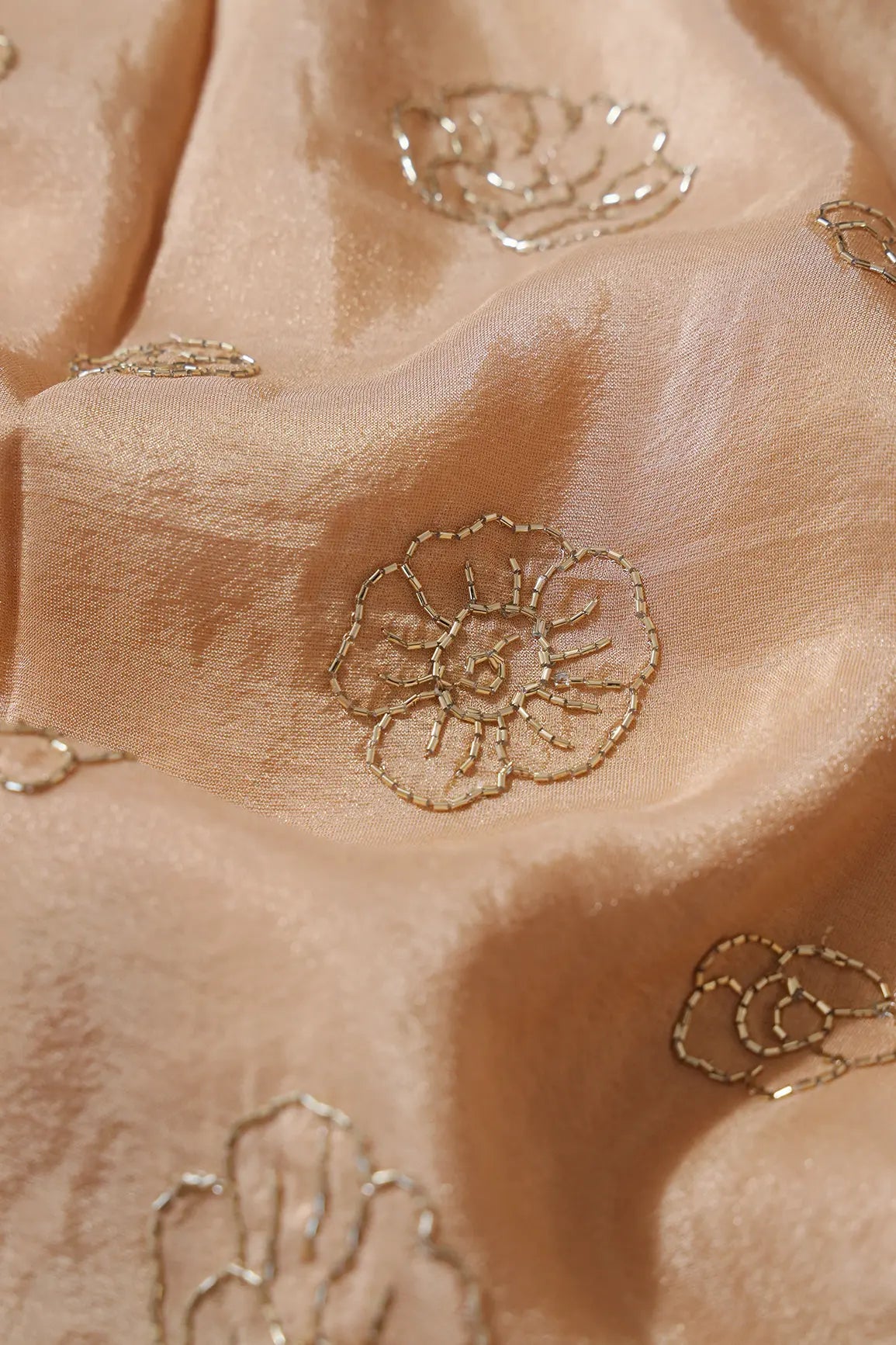 Cut Dana Beads Floral Embroidery Work On Beige Pure Viscose Zari Tissue Fabric