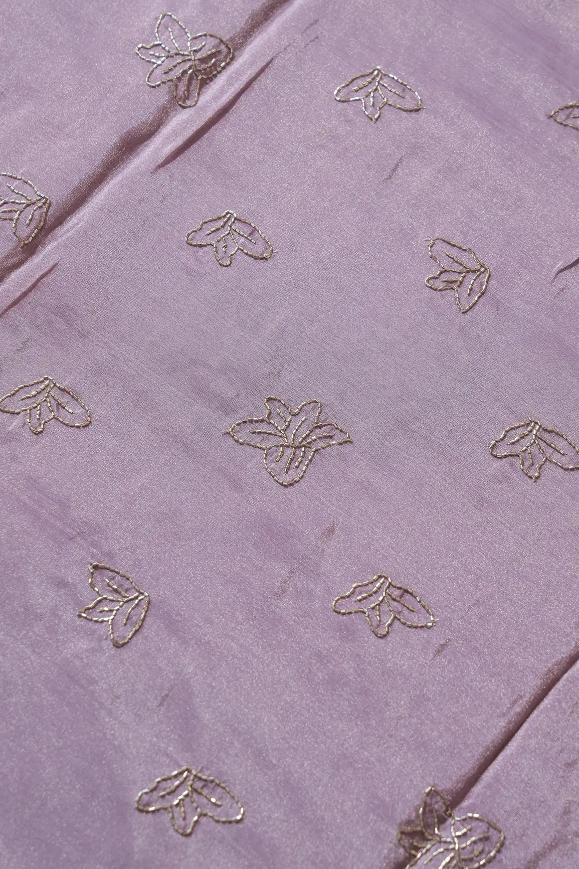 Beautiful Cut Dana Beads Floral Embroidery Work On Lavender Pure Viscose Zari Tissue Fabric