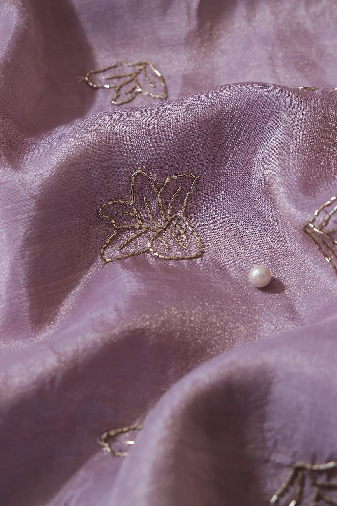 Beautiful Cut Dana Beads Floral Embroidery Work On Lavender Pure Viscose Zari Tissue Fabric