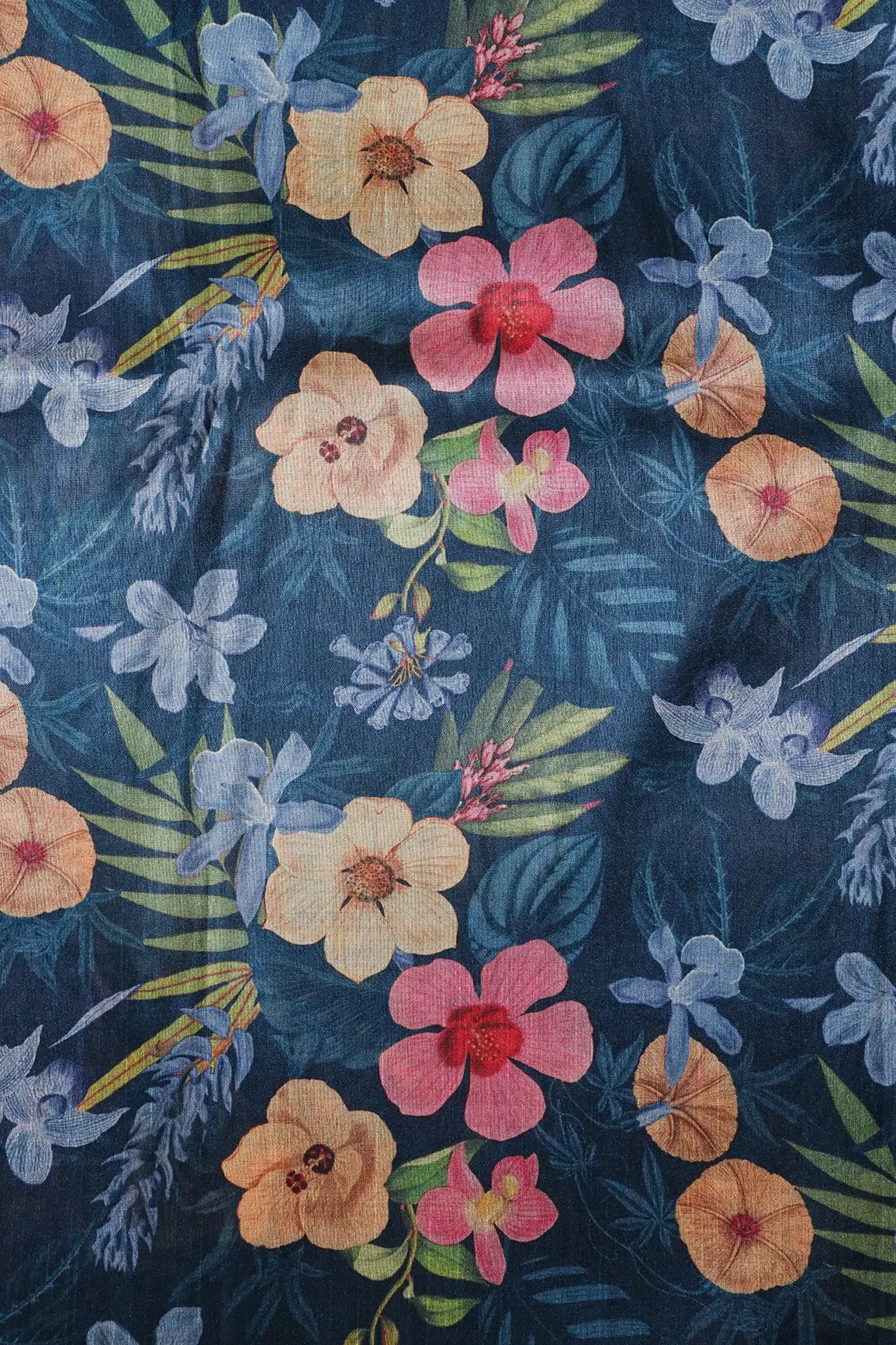 Navy Blue And Multi Color Floral Pattern Digital Print On Mulberry Silk Fabric