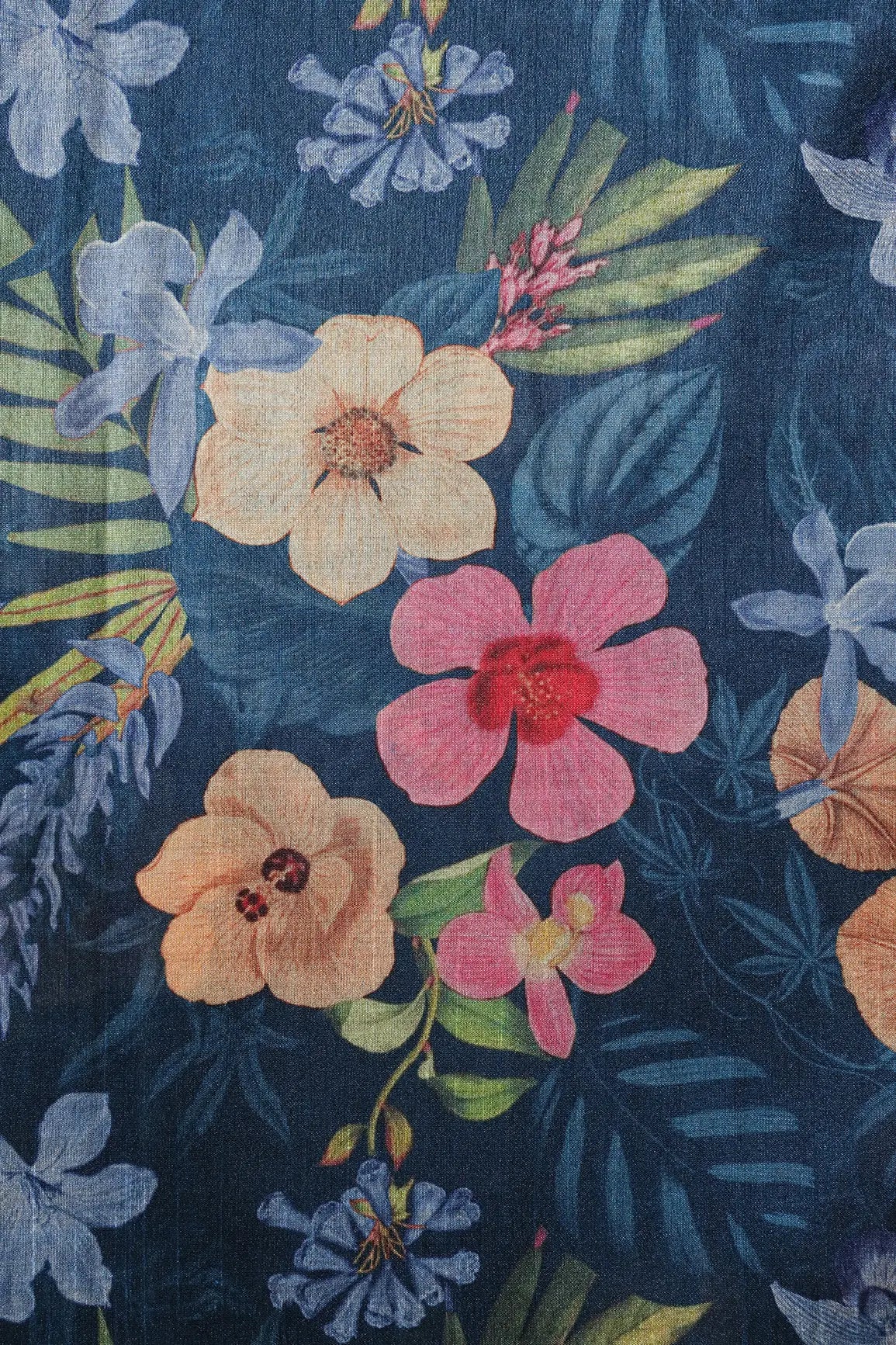 Navy Blue And Multi Color Floral Pattern Digital Print On Mulberry Silk Fabric