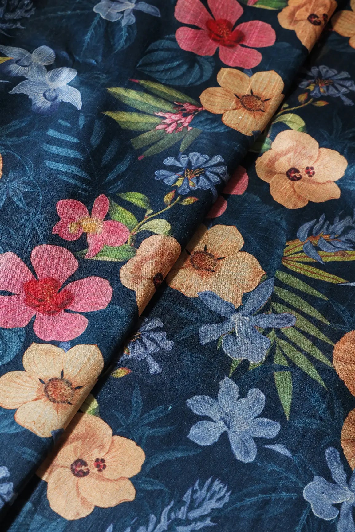 Navy Blue And Multi Color Floral Pattern Digital Print On Mulberry Silk Fabric