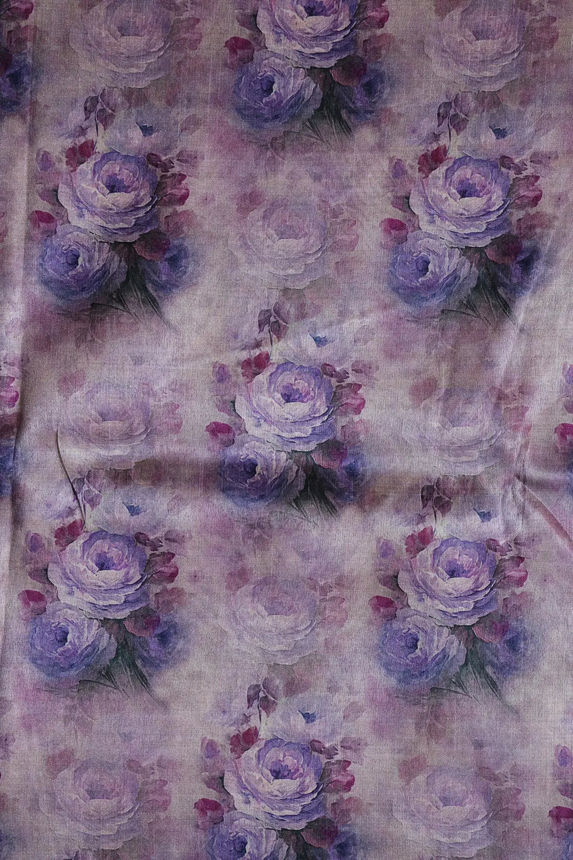 Grey And Purple Floral Pattern Digital Print On Mulberry Silk Fabric