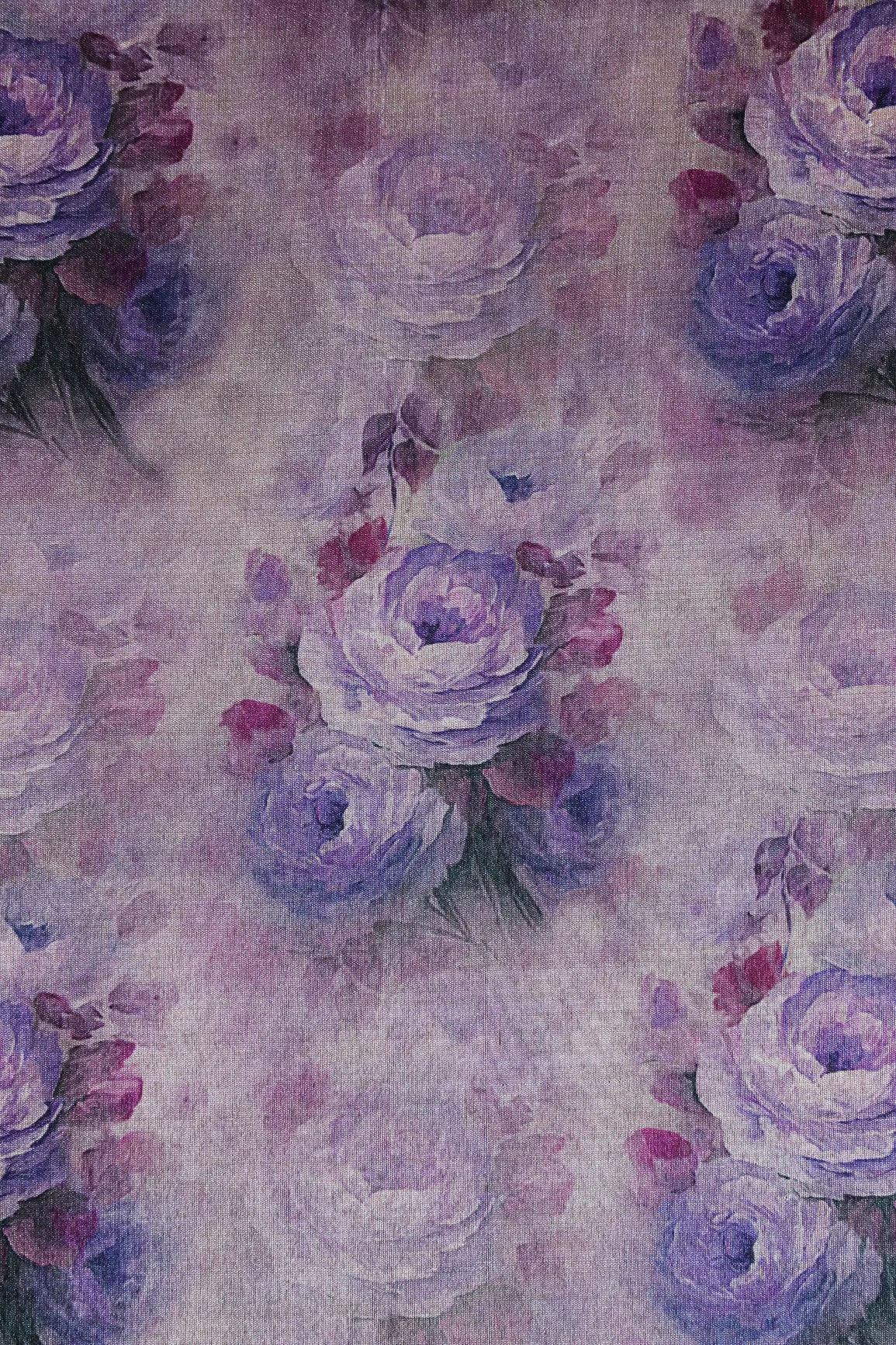 Grey And Purple Floral Pattern Digital Print On Mulberry Silk Fabric