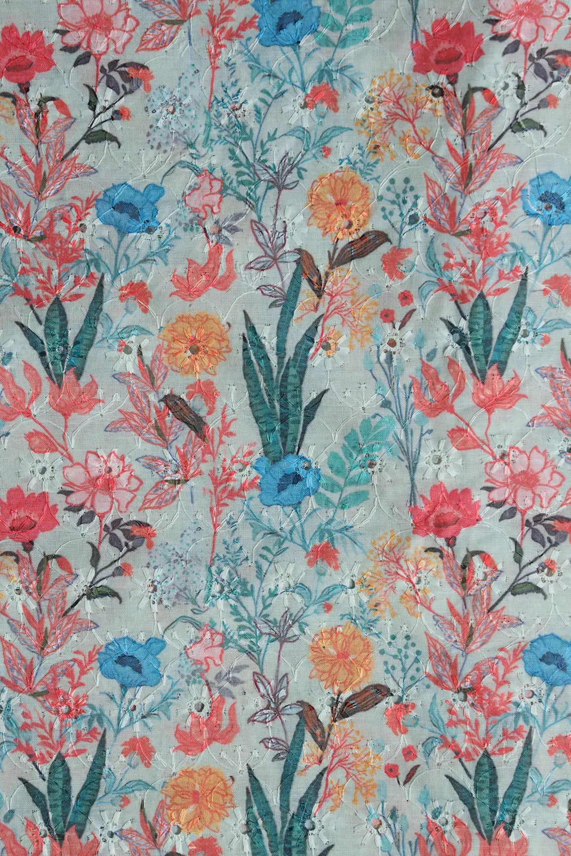 Floral Digital Print On Hakoba Cotton Embroidery Fabric