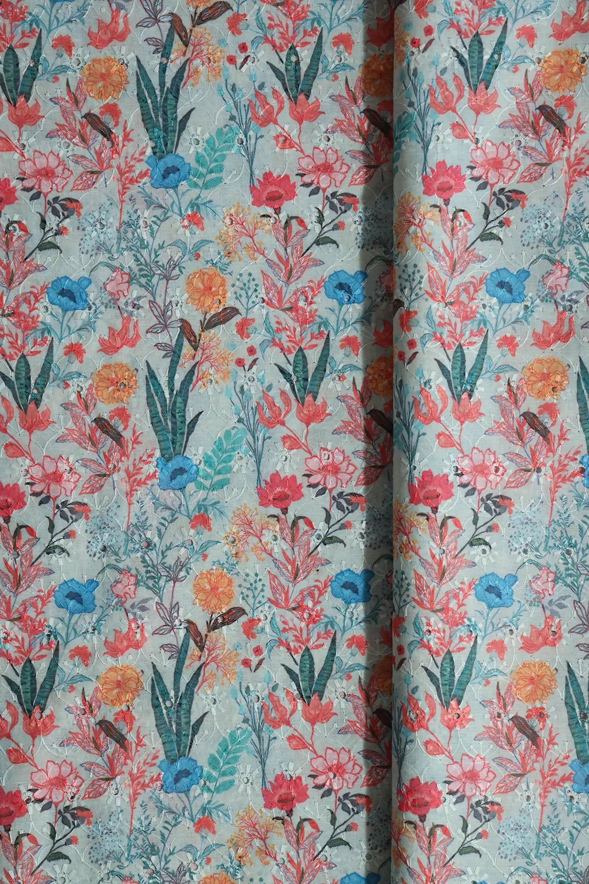 Floral Digital Print On Hakoba Cotton Embroidery Fabric