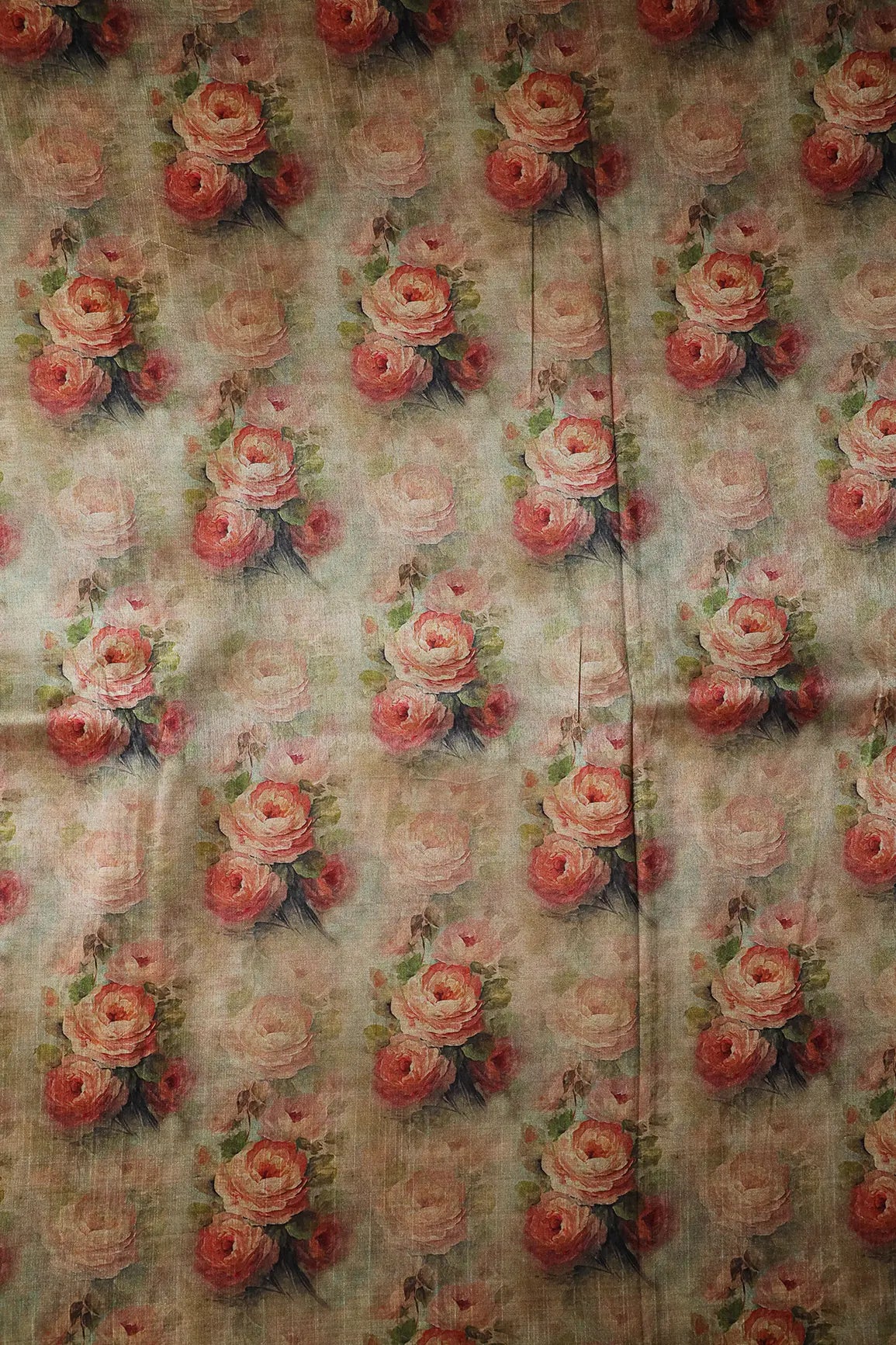 Cream And Olive Floral Pattern Digital Print On Mulberry Silk Fabric