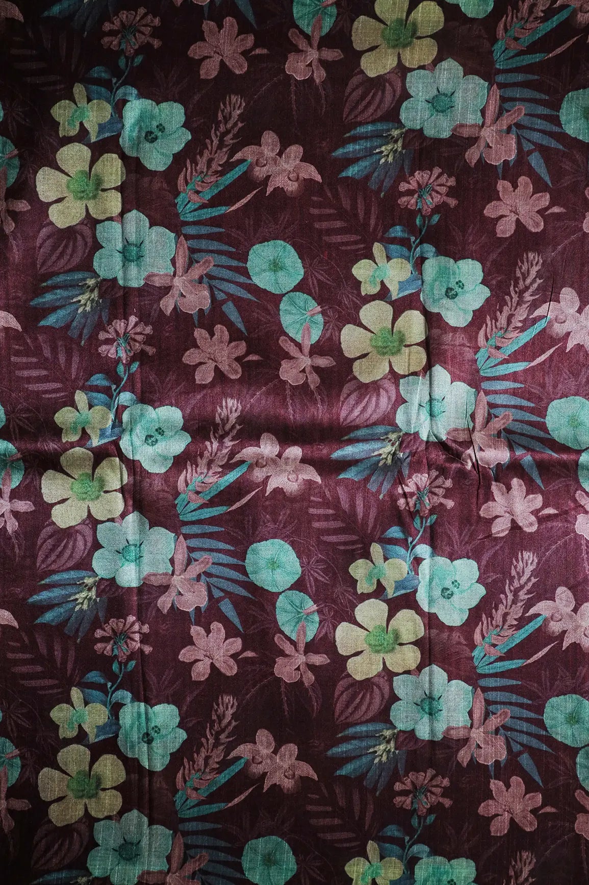 Maroon And Multi Color Floral Pattern Digital Print On Mulberry Silk Fabric