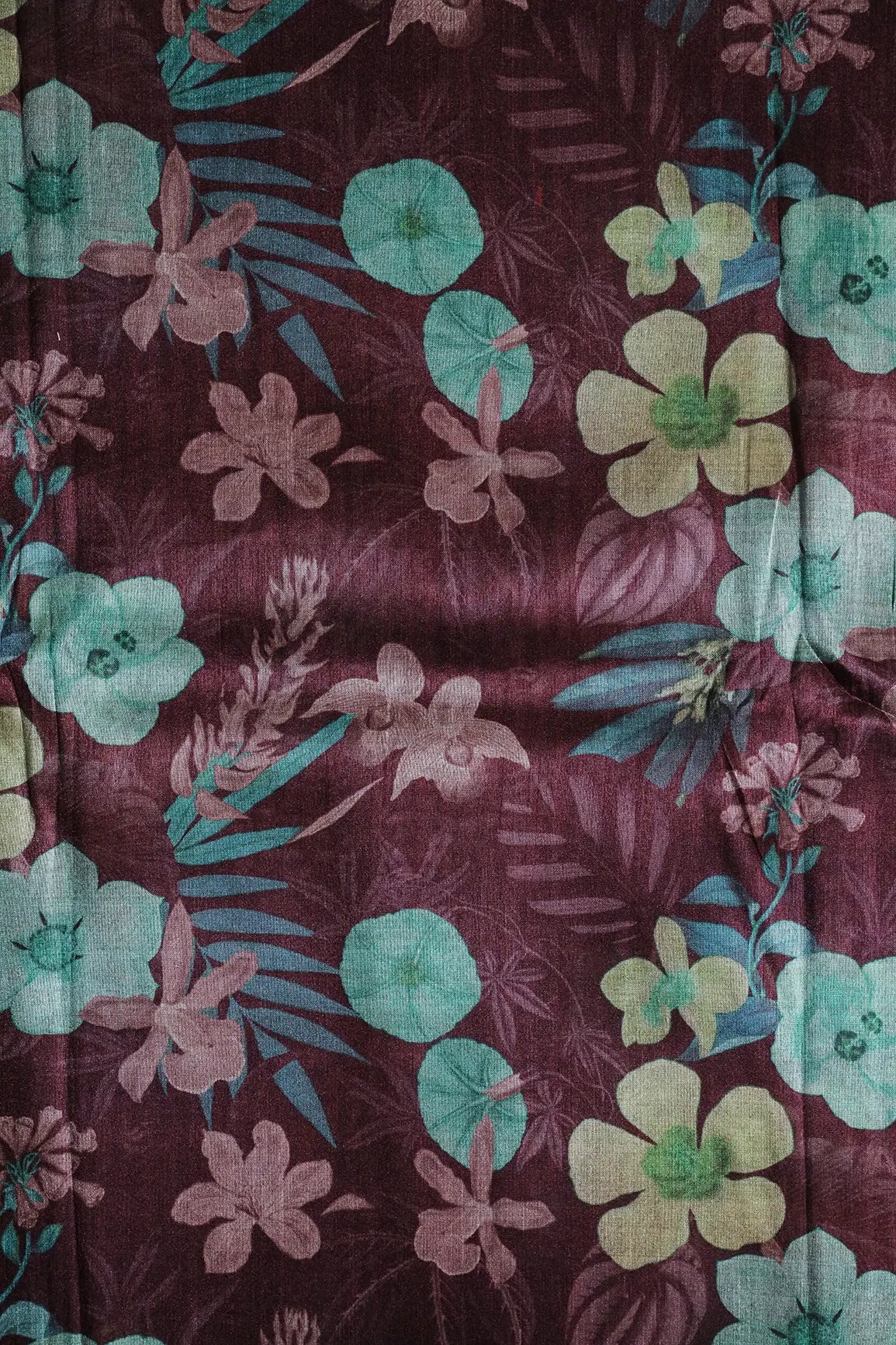 Maroon And Multi Color Floral Pattern Digital Print On Mulberry Silk Fabric