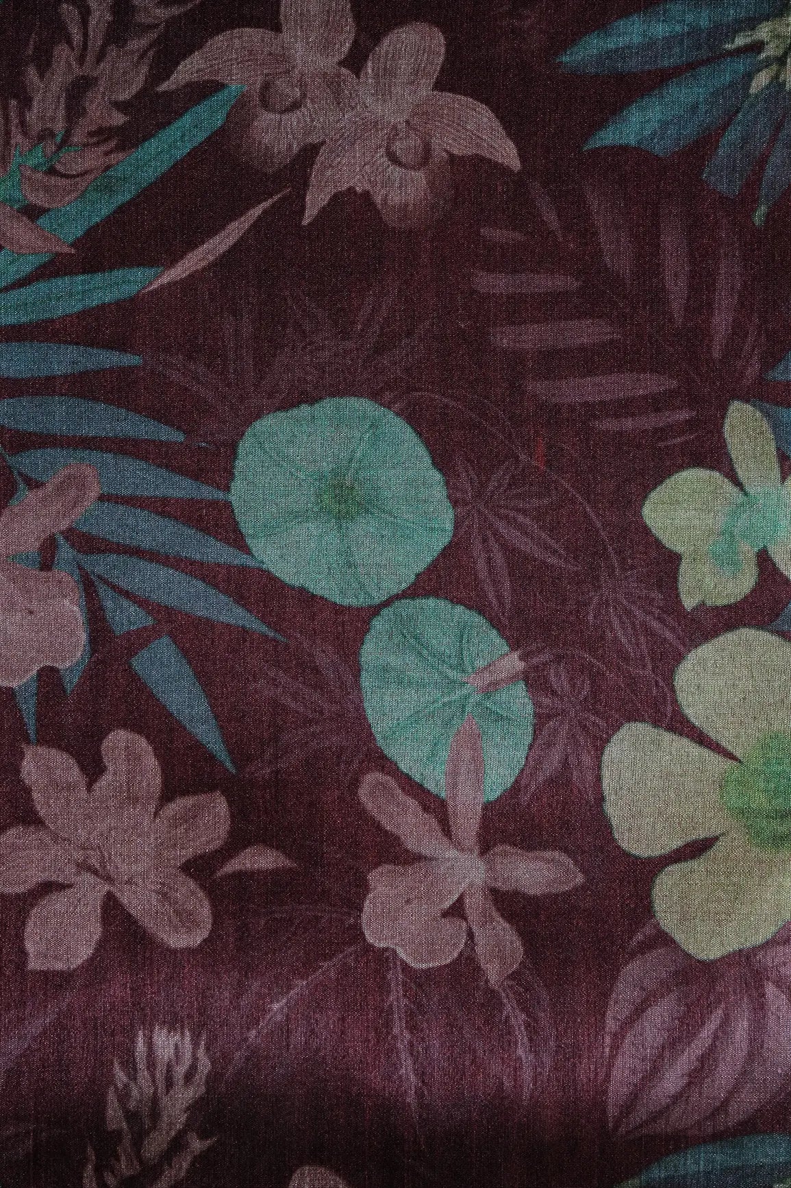 Maroon And Multi Color Floral Pattern Digital Print On Mulberry Silk Fabric