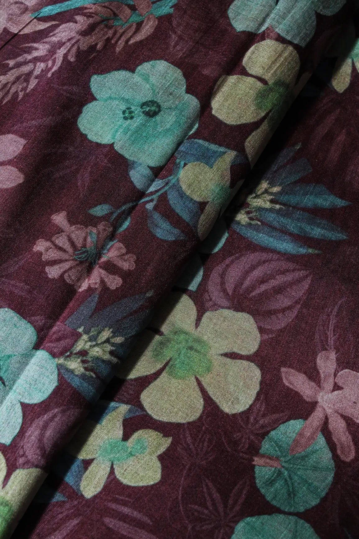 Maroon And Multi Color Floral Pattern Digital Print On Mulberry Silk Fabric