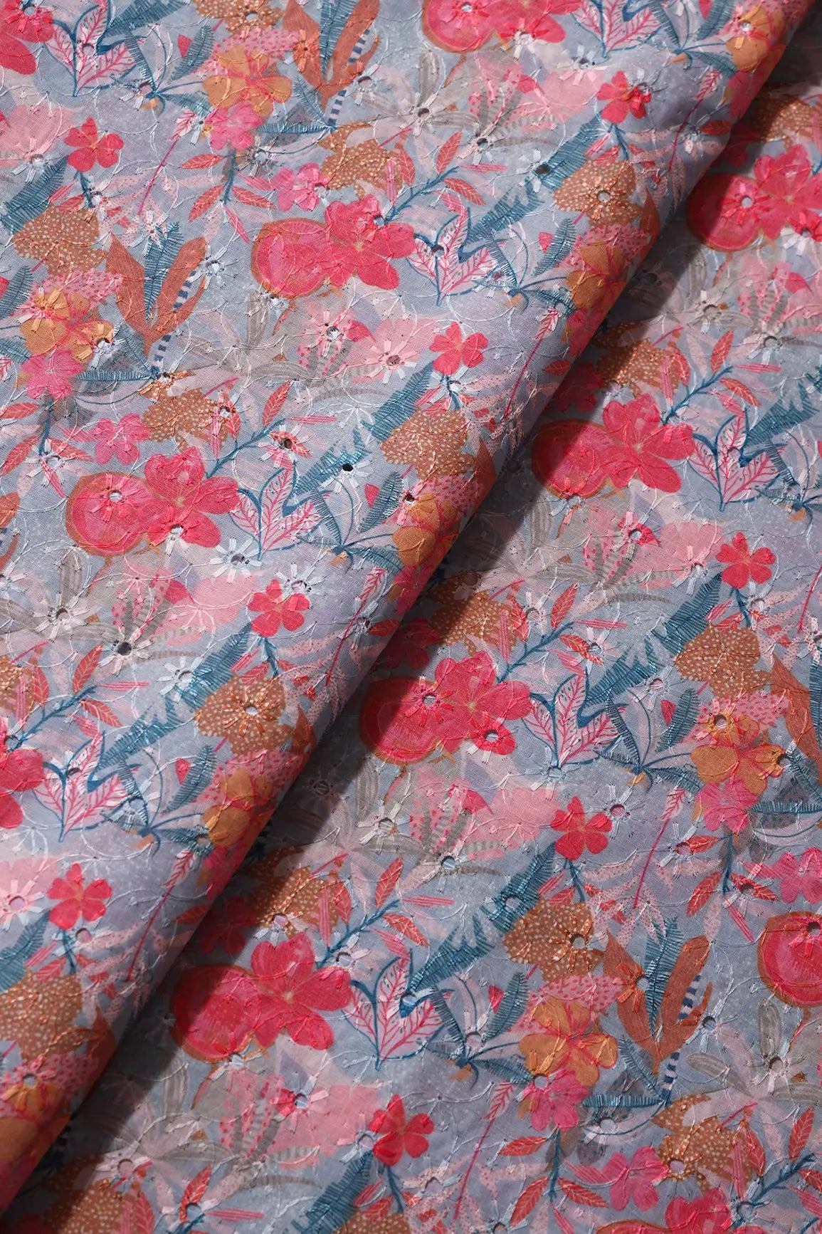 Floral Digital Print On Hakoba Cotton Embroidery Fabric