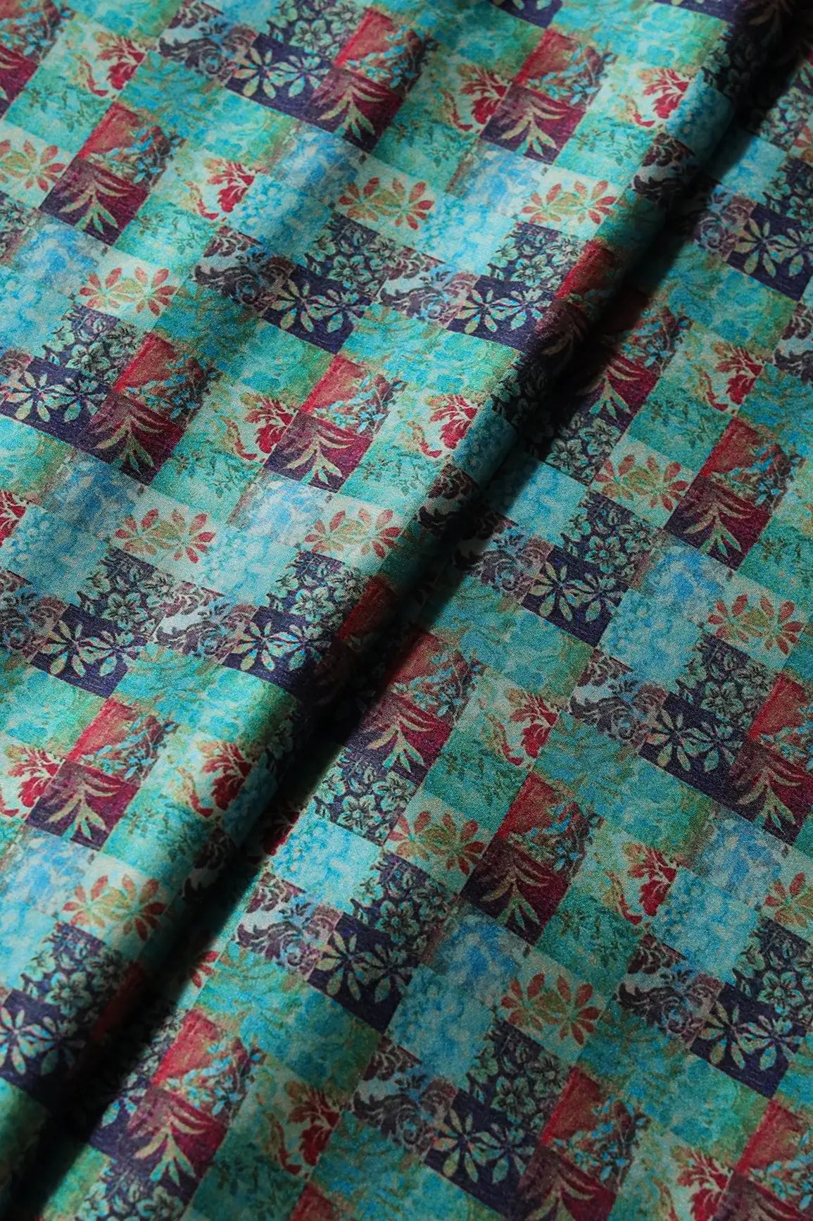 Turquoise And Red Floral Checks Pattern Digital Print On Satin Fabric