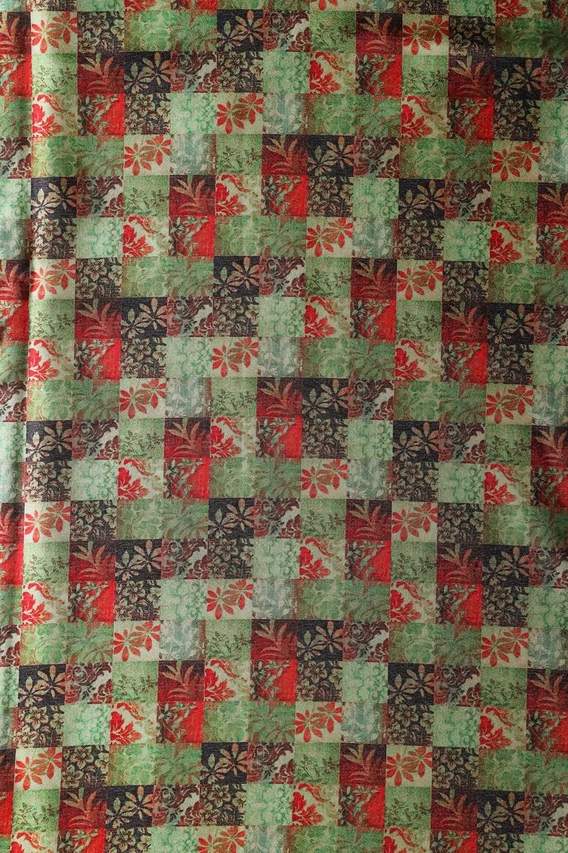 Light Green And Red Floral Checks Pattern Digital Print On Satin Fabric