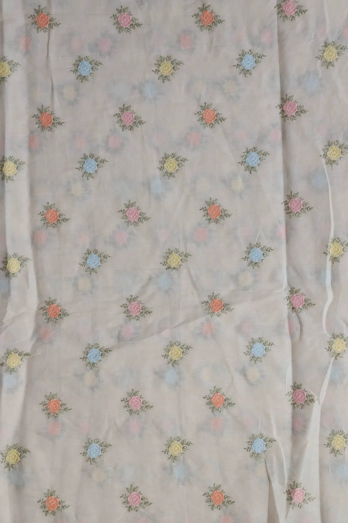 Beautiful Pastel Thread Floral Small Butta Embroidery On Off White Organic Cotton Fabric