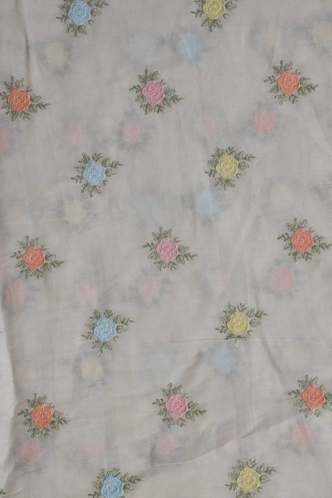 Beautiful Pastel Thread Floral Small Butta Embroidery On Off White Organic Cotton Fabric