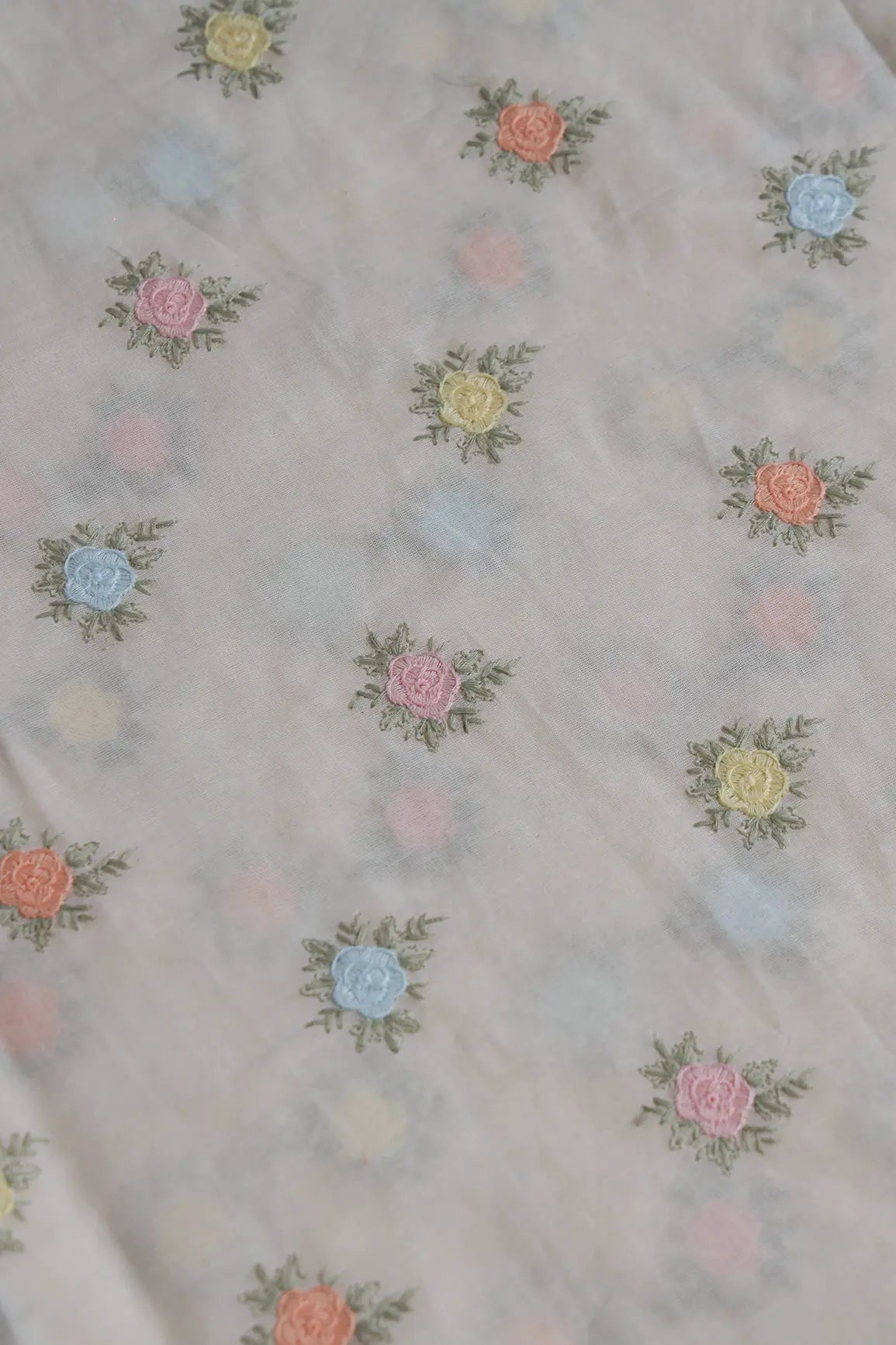 Beautiful Pastel Thread Floral Small Butta Embroidery On Off White Organic Cotton Fabric