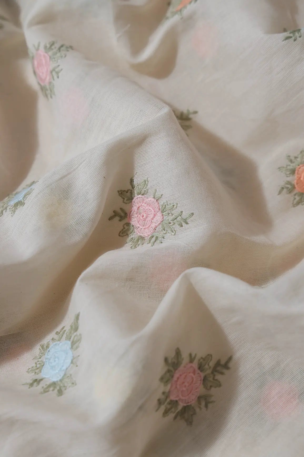 Beautiful Pastel Thread Floral Small Butta Embroidery On Off White Organic Cotton Fabric