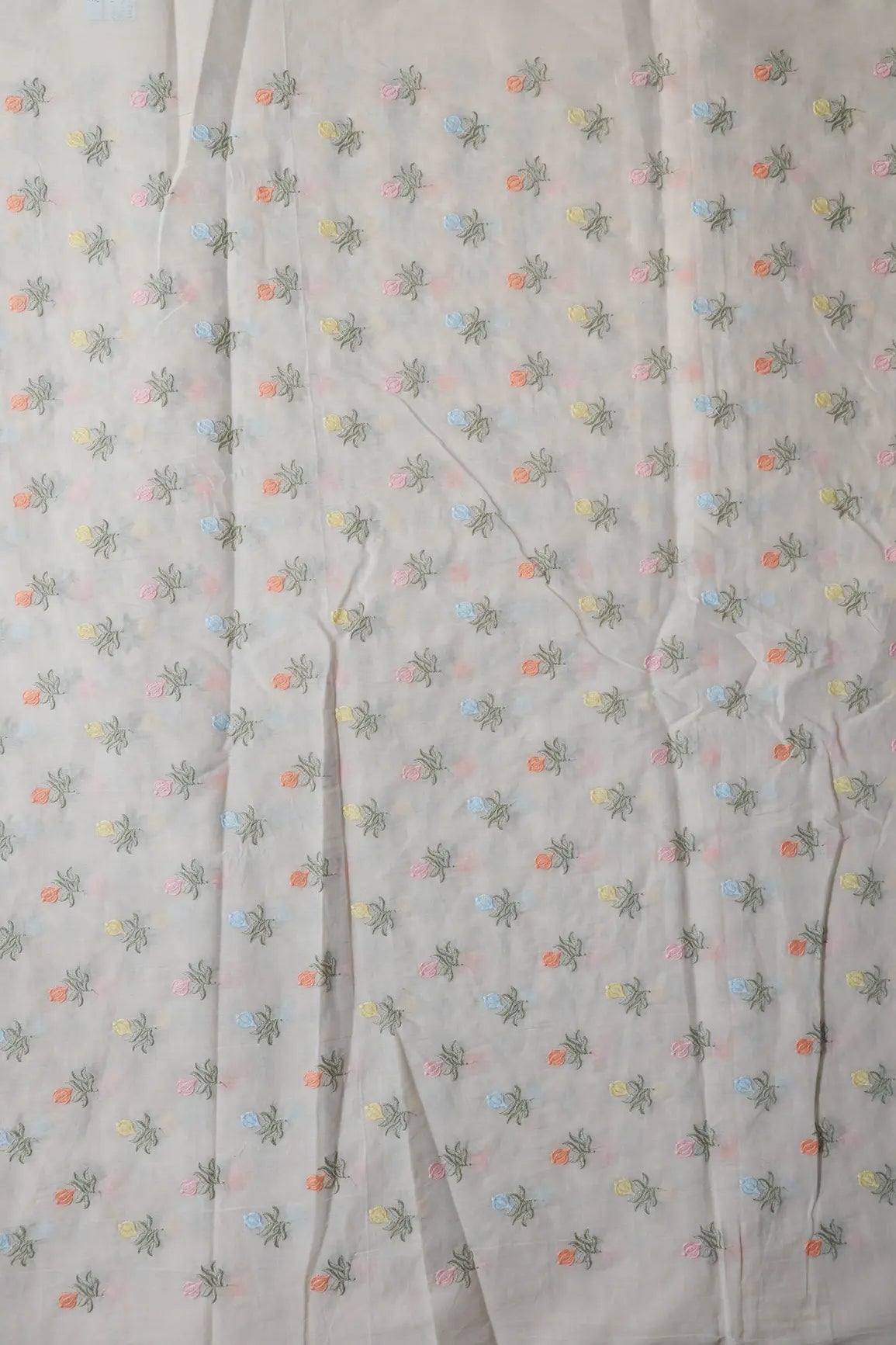 Pastel Thread Floral Butta Embroidery On Off White Organic Cotton Fabric