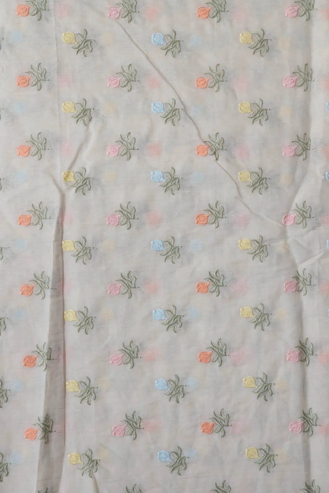 Pastel Thread Floral Butta Embroidery On Off White Organic Cotton Fabric